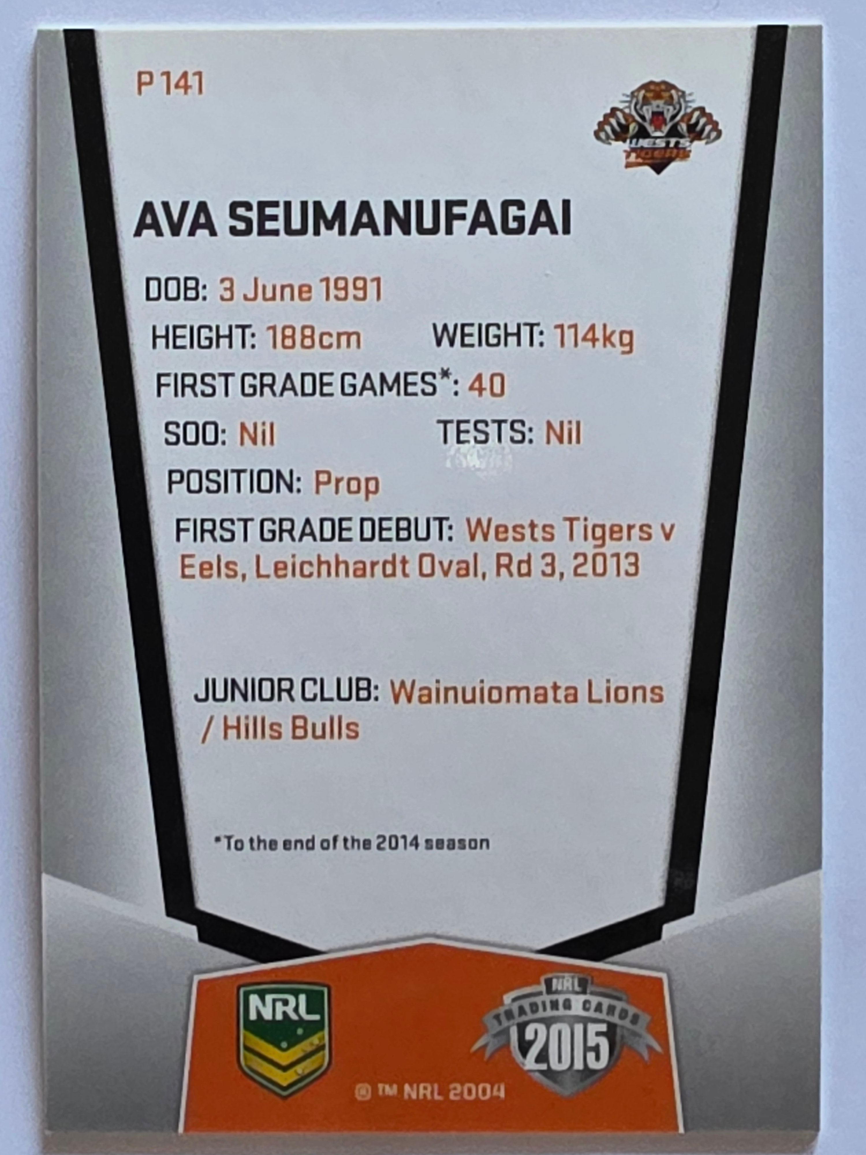 NRL 2015 Elite | Silver Parallel #P141 | Ava Seumanufagai | Wests Tigers