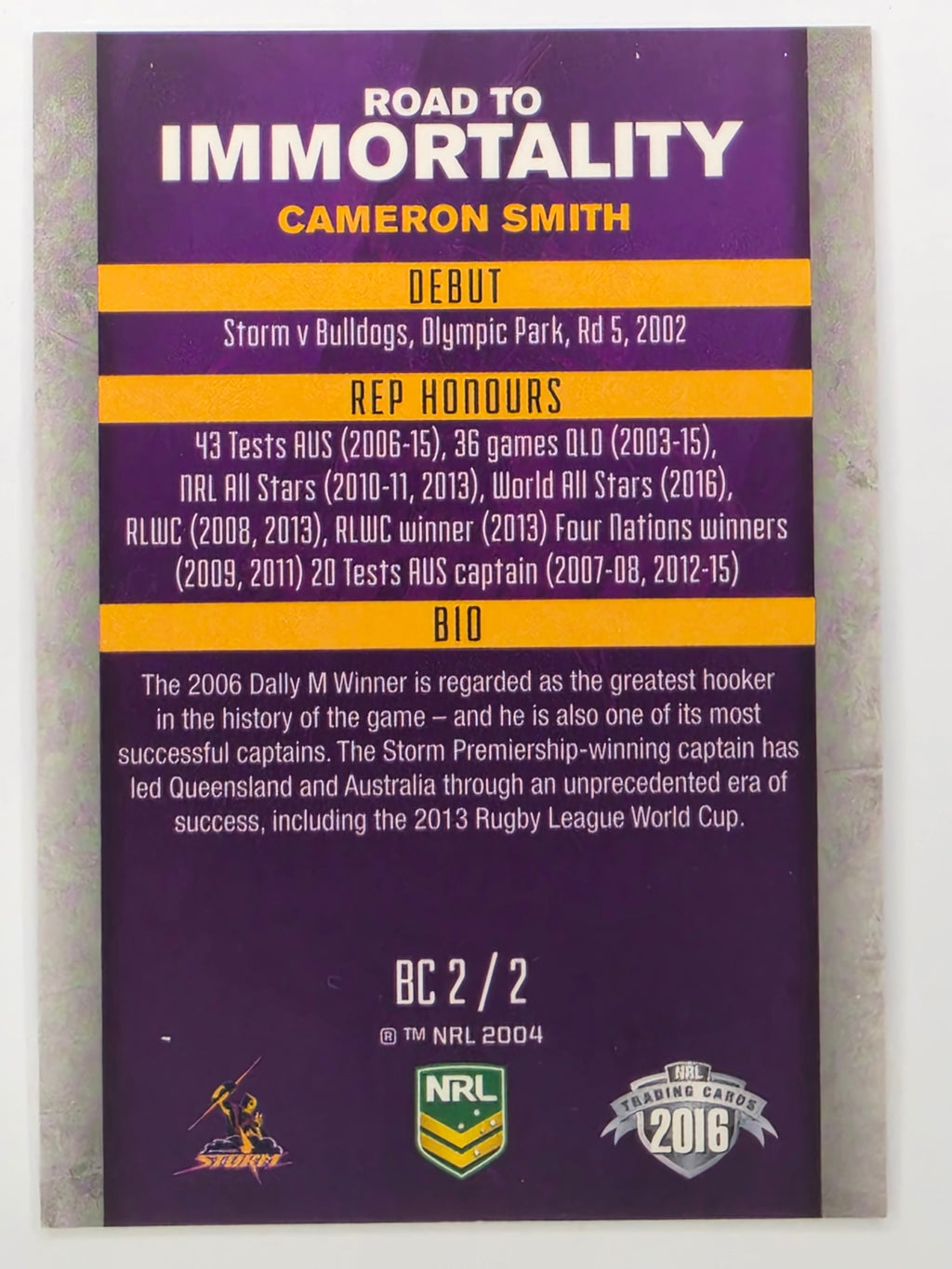 NRL 2016 Elite | Road To Immortality Box Card #BC2 Cameron Smith Melbourne Storm