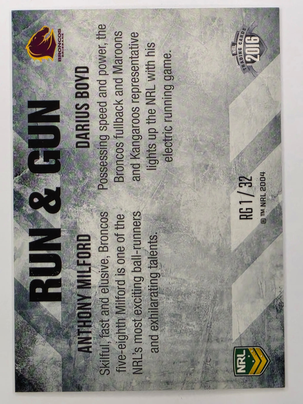 NRL 2016 Elite | Run & Gun #RG1 Milford / Boyd | Brisbane Broncos