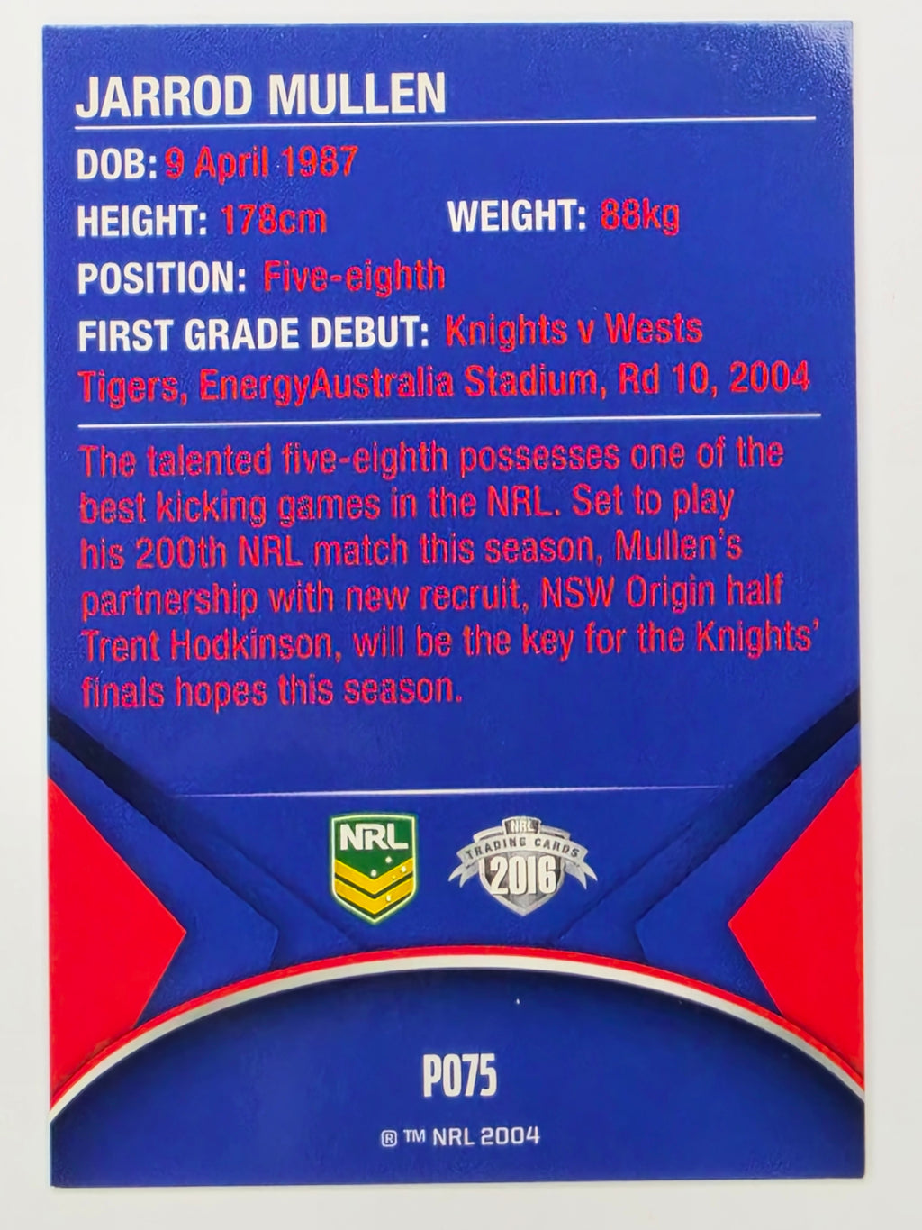 NRL 2016 Traders | Silver Parallel #P075 Jarrod Mullen Newcastle Knights