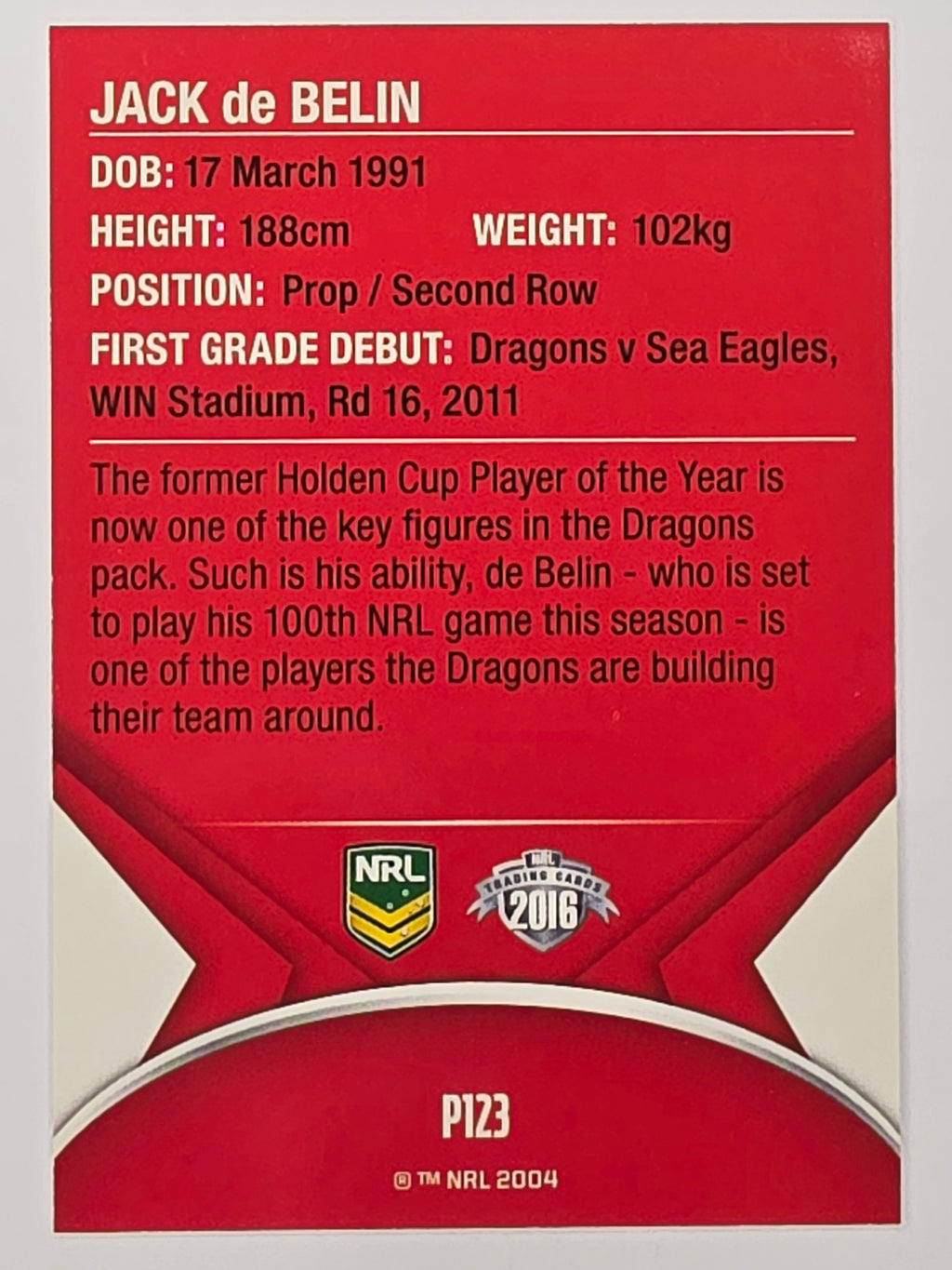 NRL 2016 Traders | Silver Parallel #P123 Jack De Belin St George Dragons