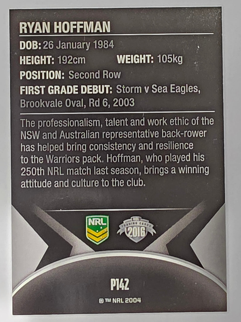 NRL 2016 Traders | Silver Parallel #P142 Ryan Hoffman New Zealand Warriors