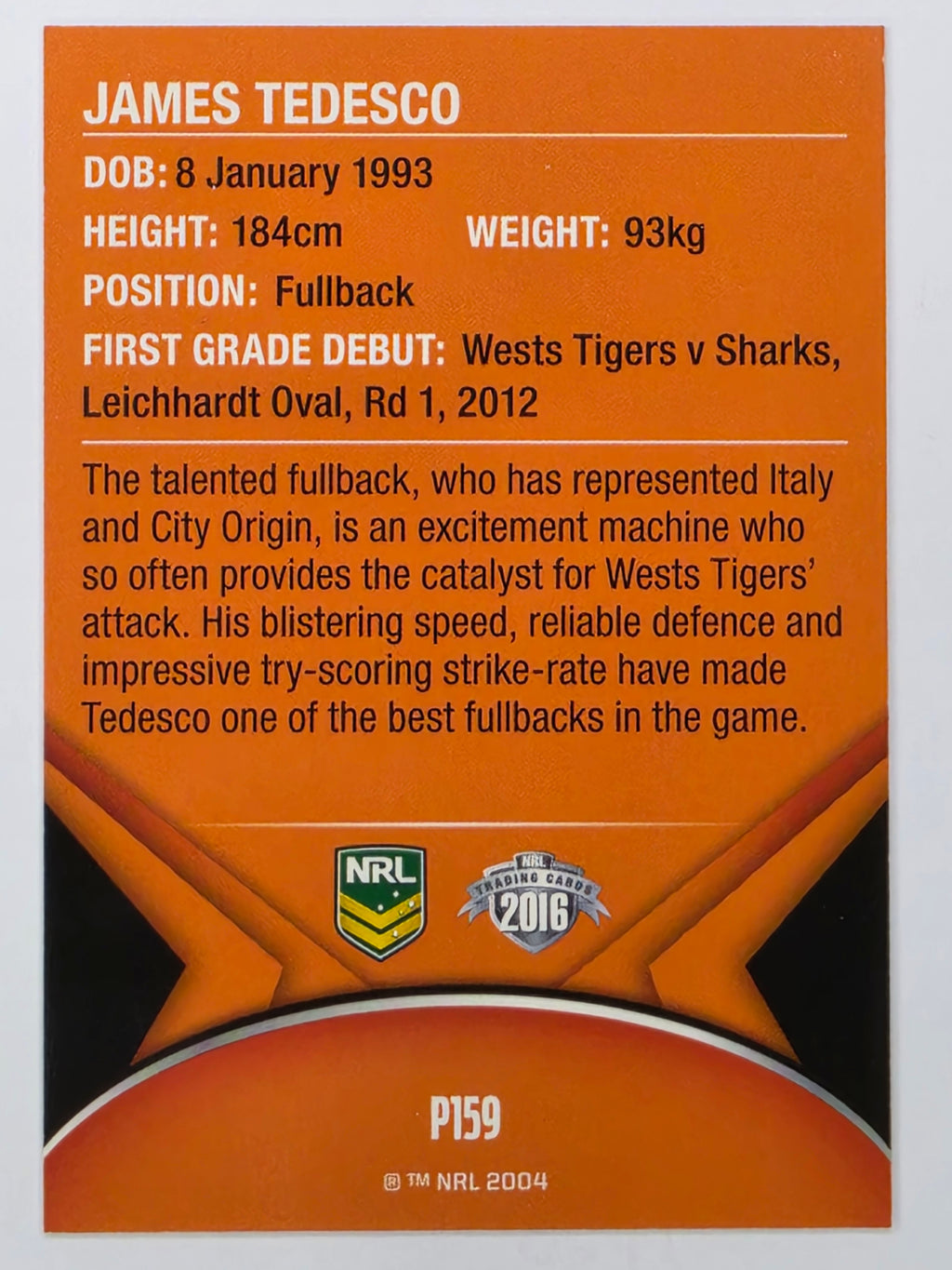 NRL 2016 Traders | Silver Parallel #P159 James Tedesco Wests Tigers