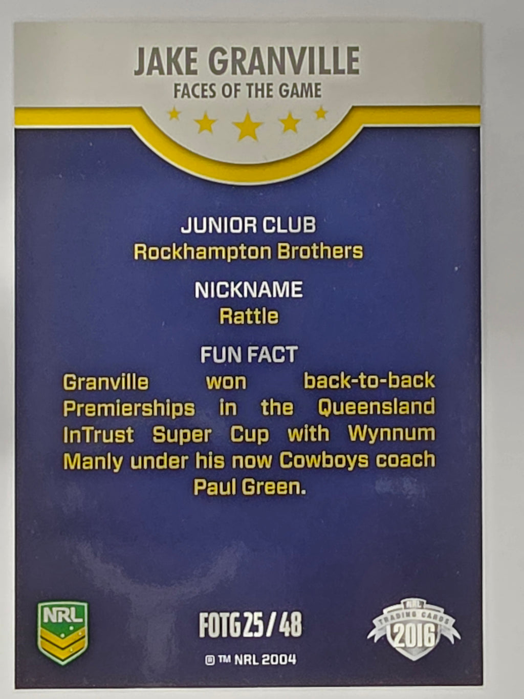 NRL 2016 Traders | Faces of the Game #FOTG25 Jake Granville North Queensland Cowboys NRL