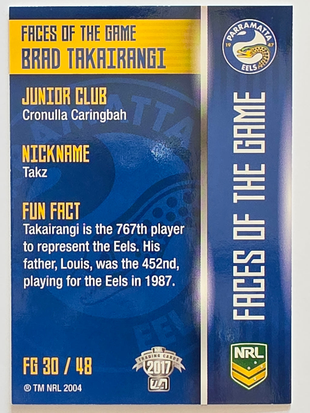 NRL 2017 Traders | Faces of the Game #FG30 | Brad Takairangi | Parramatta Eels