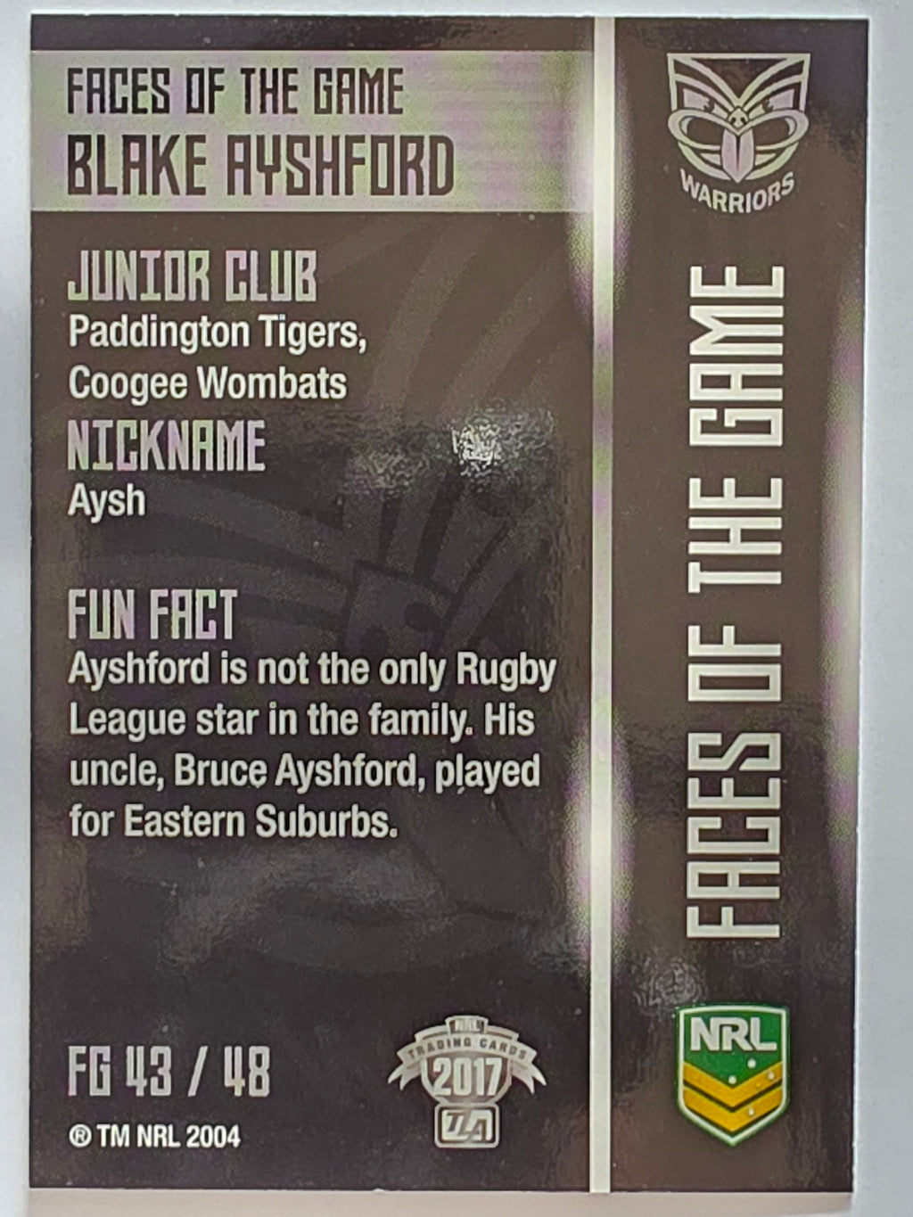 NRL 2017 Traders | Faces of the Game #FG43 | Blake Ayshford | New Zealand Warriors
