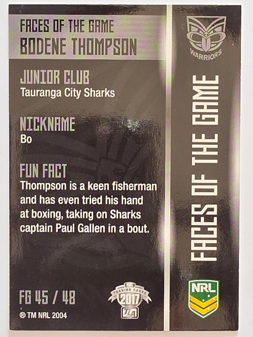 NRL 2017 Traders | Faces of the Game #FG45 | Bodene Thompson | New Zealand Warriors