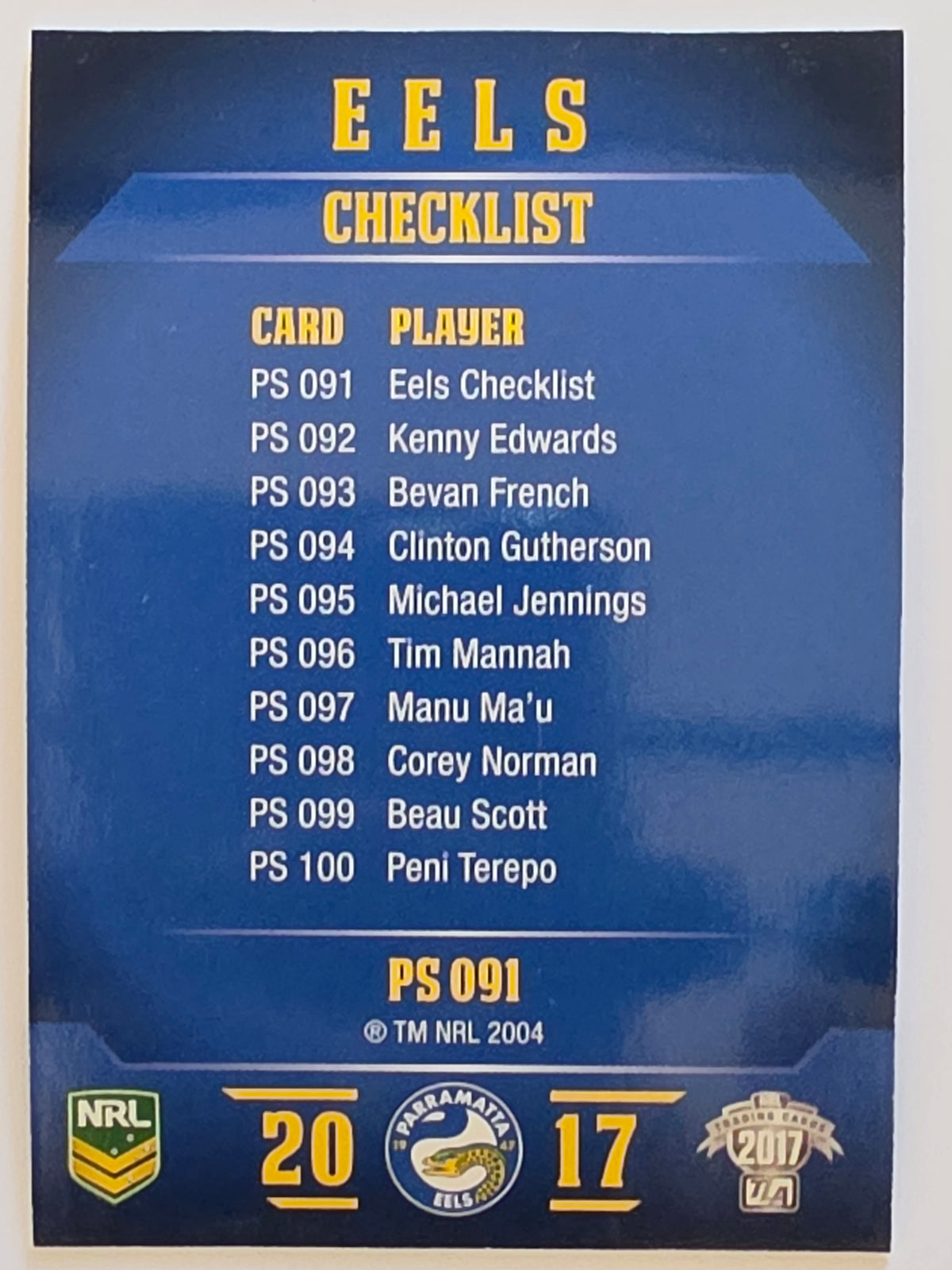 NRL 2017 Traders | Pearl Special #091 | Eels Checklist | Parramatta Eels
