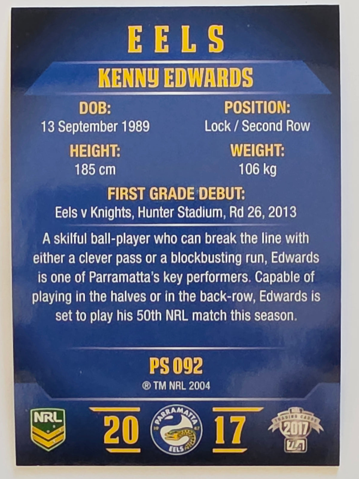 NRL 2017 Traders | Pearl Special #092 | Kenny Edwards | Parramatta Eels