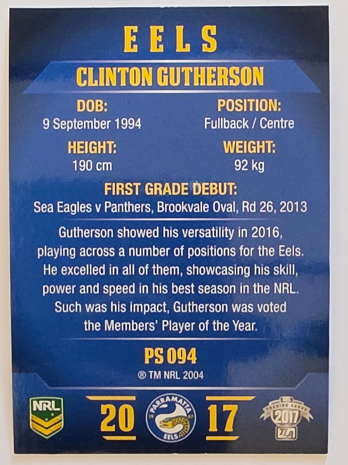 NRL 2017 Traders | Pearl Special #094 | Clinton Gutherson | Parramatta Eels