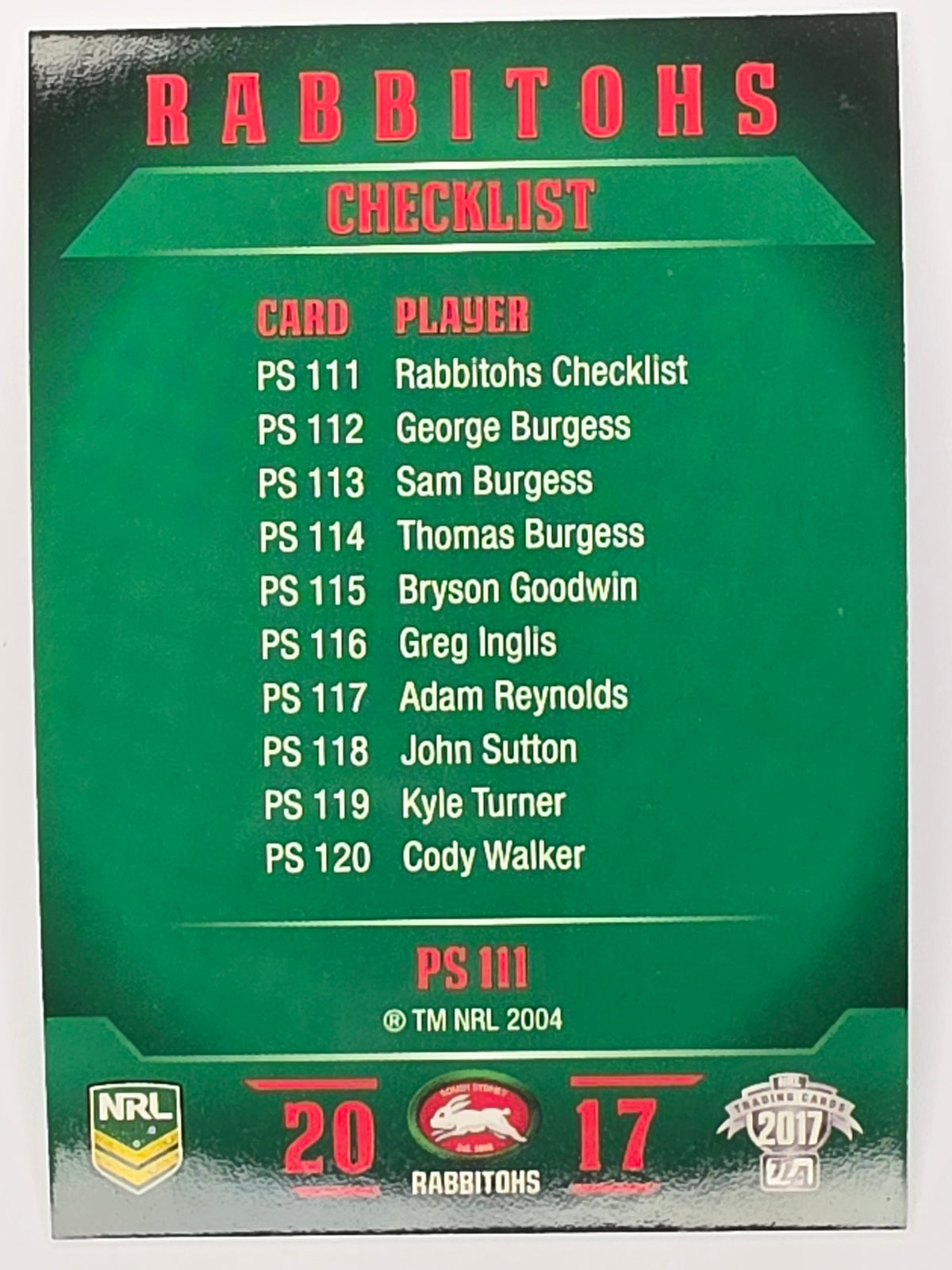 NRL 2017 Traders | Pearl Special #111 | Rabbitohs Checklist | South Sydney Rabbitohs