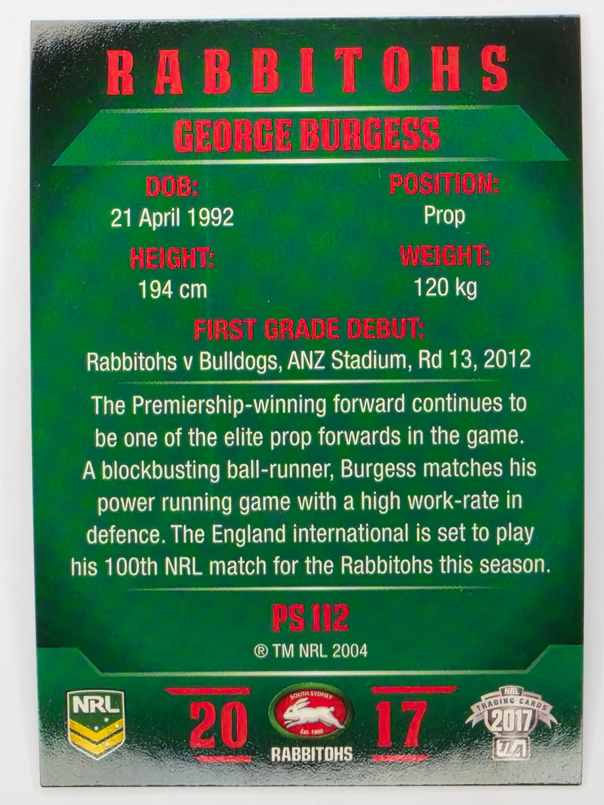 NRL 2017 Traders | Pearl Special #112 | George Burgess | South Sydney Rabbitohs