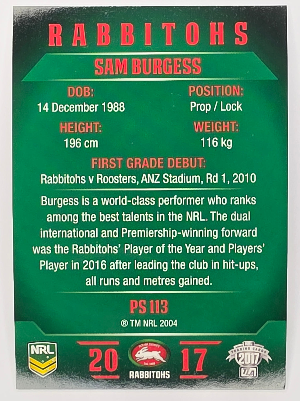 NRL 2017 Traders | Pearl Special #113 | Sam Burgess | South Sydney Rabbitohs