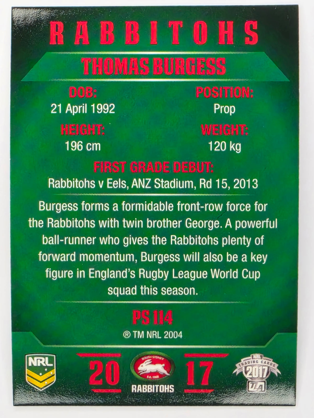 NRL 2017 Traders | Pearl Special #114 | Thomas Burgess | South Sydney Rabbitohs