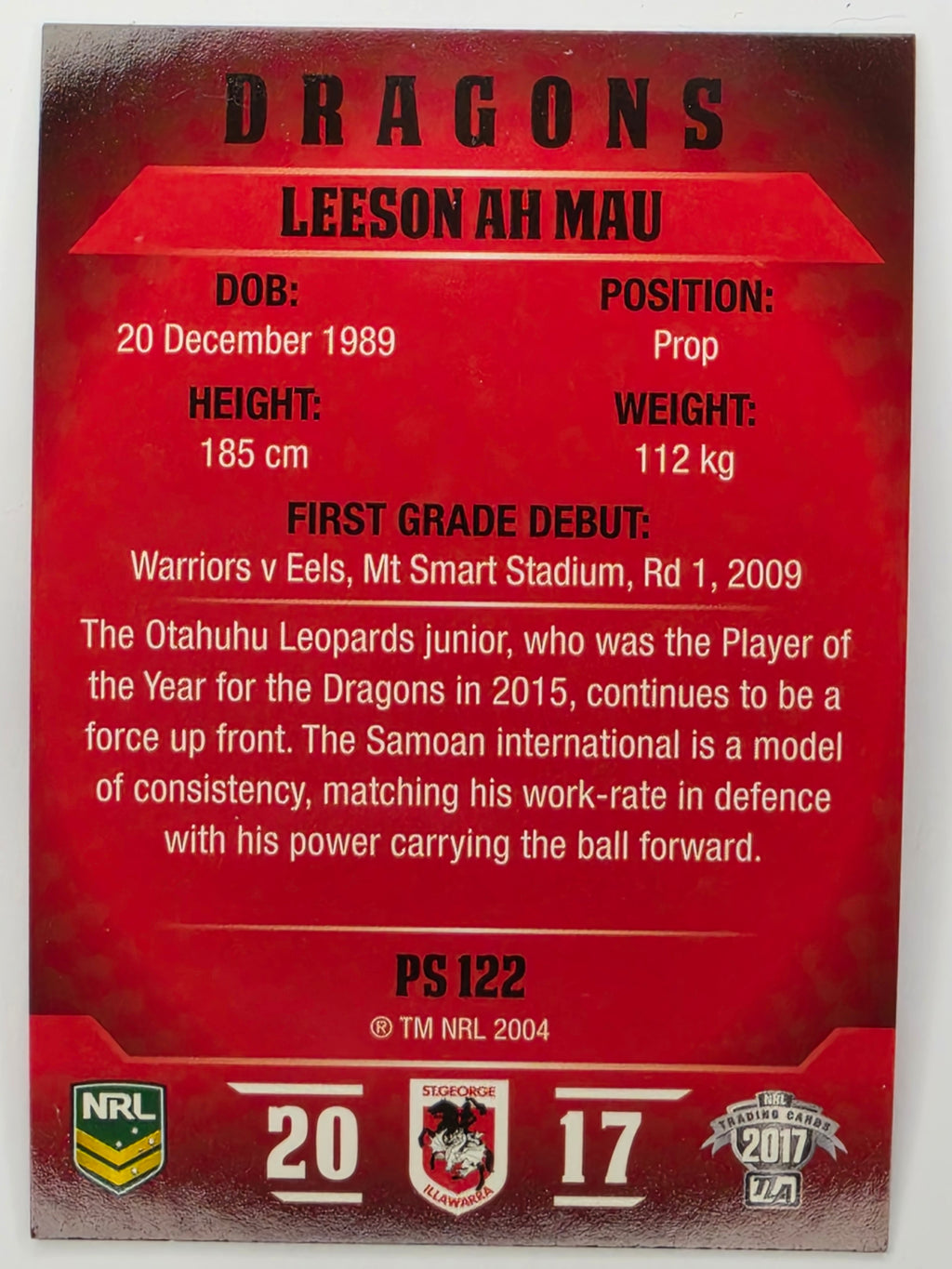 NRL 2017 Traders | Pearl Special #122 | Leeson Ah Mau | St. George Illawarra Dragons