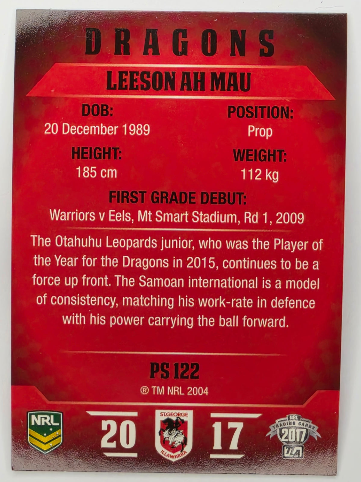 NRL 2017 Traders | Pearl Special #122 | Leeson Ah Mau | St. George Illawarra Dragons