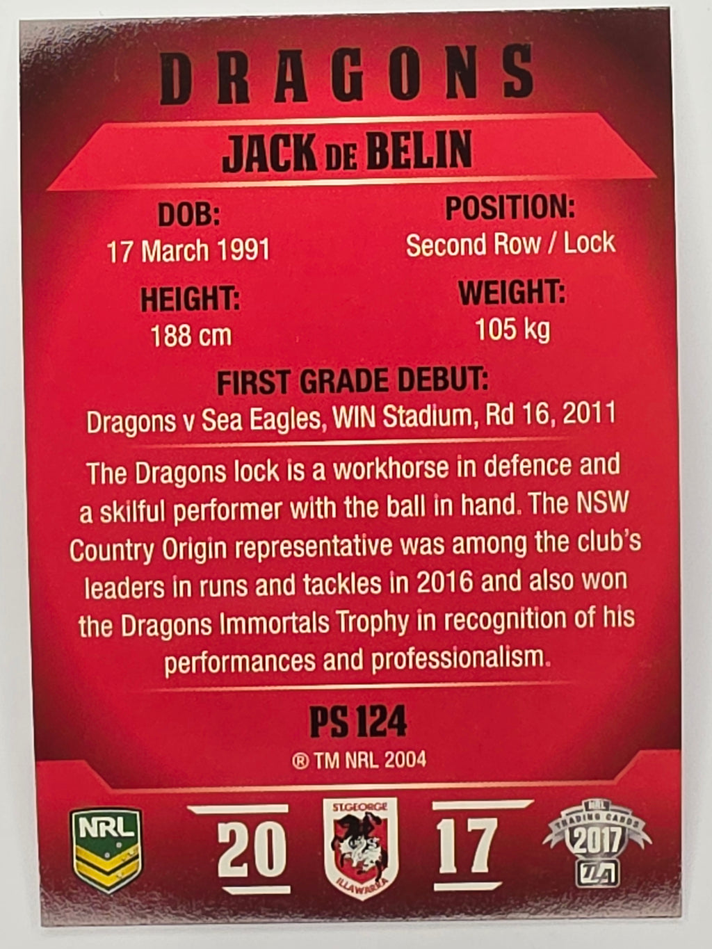 NRL 2017 Traders | Pearl Special #124 | Jack de Belin | St. George Illawarra Dragons