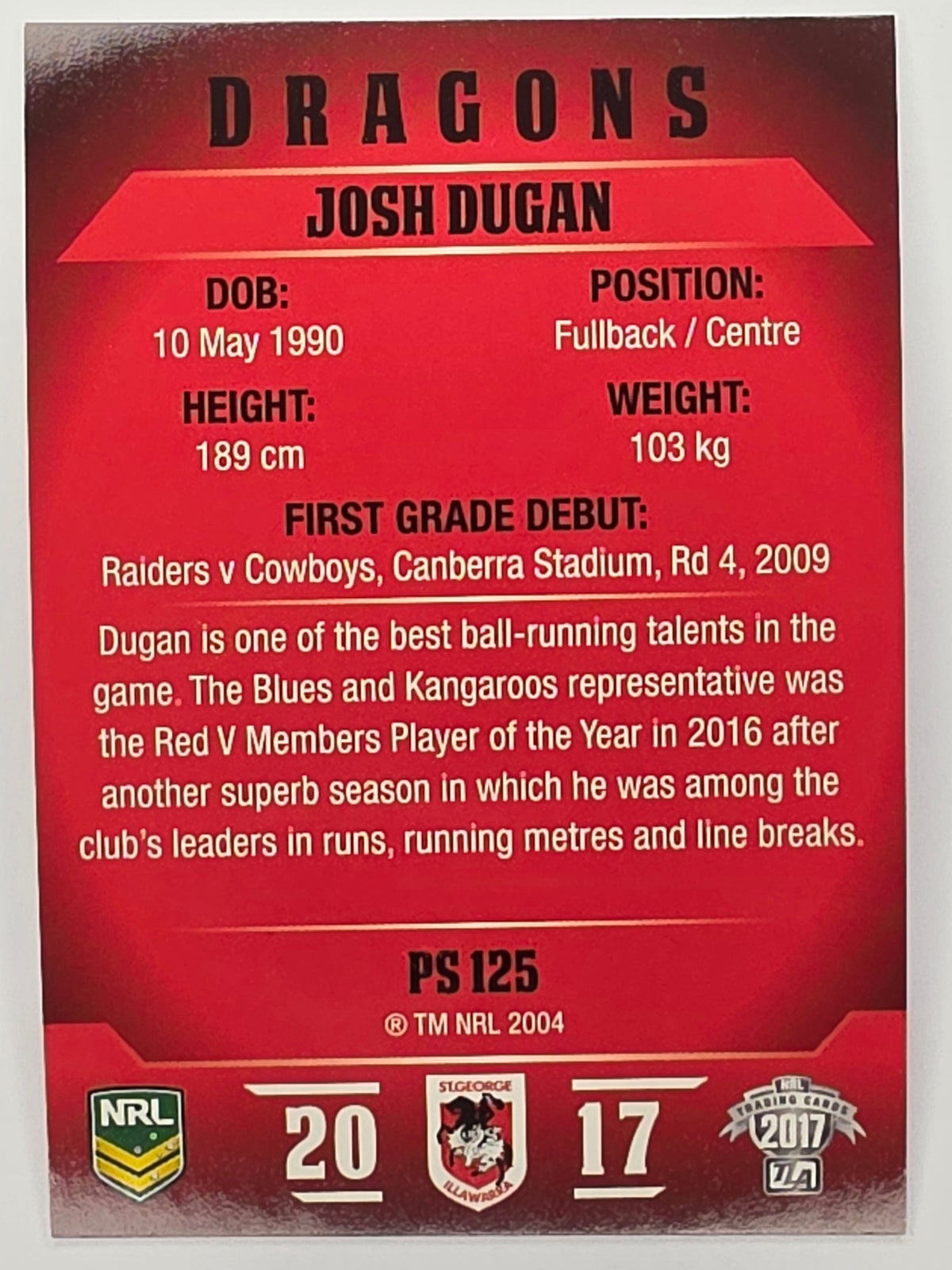 NRL 2017 Traders | Pearl Special #125 | Josh Dugan | St. George Illawarra Dragons