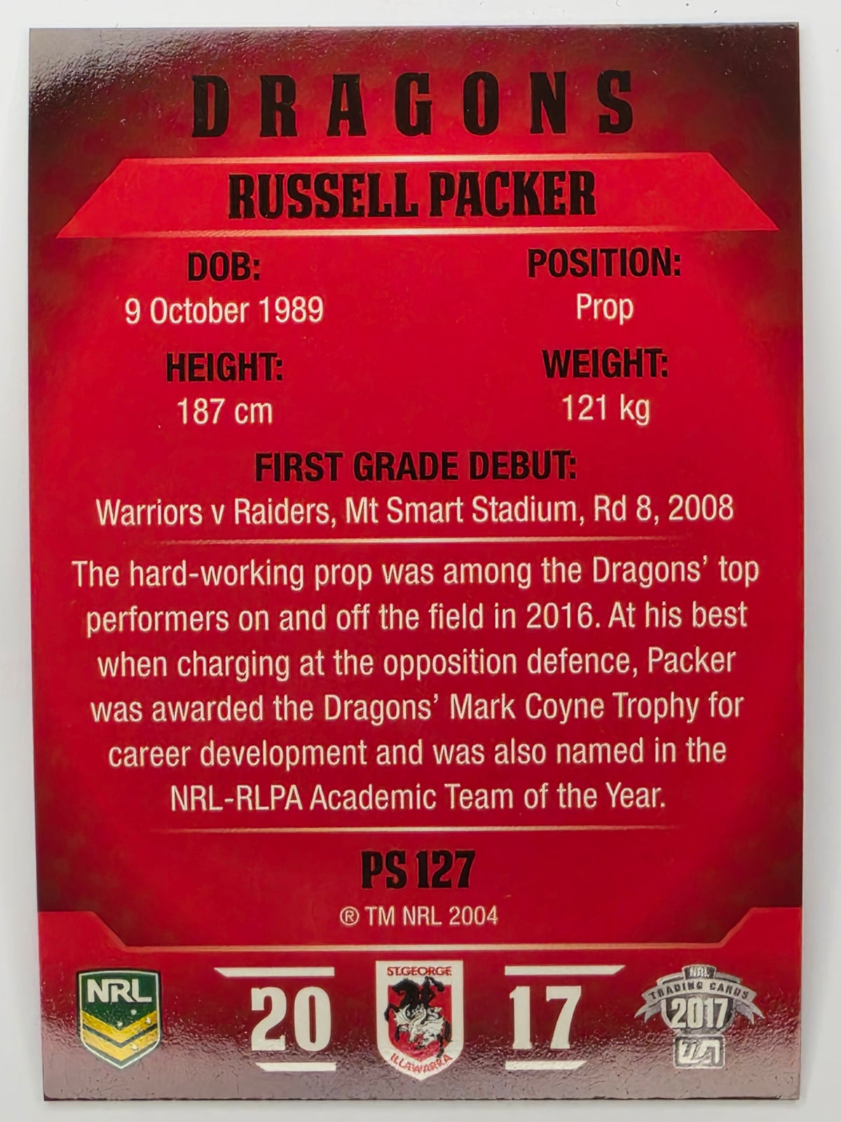 NRL 2017 Traders | Pearl Special #127 | Russell Packer | St. George Illawarra Dragons