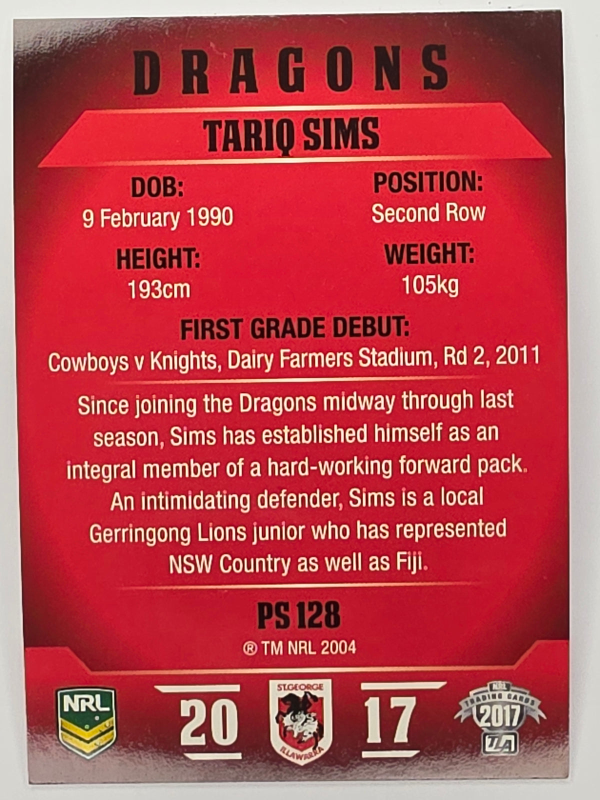 NRL 2017 Traders | Pearl Special #128 | Tariq Sims | St. George Illawarra Dragons