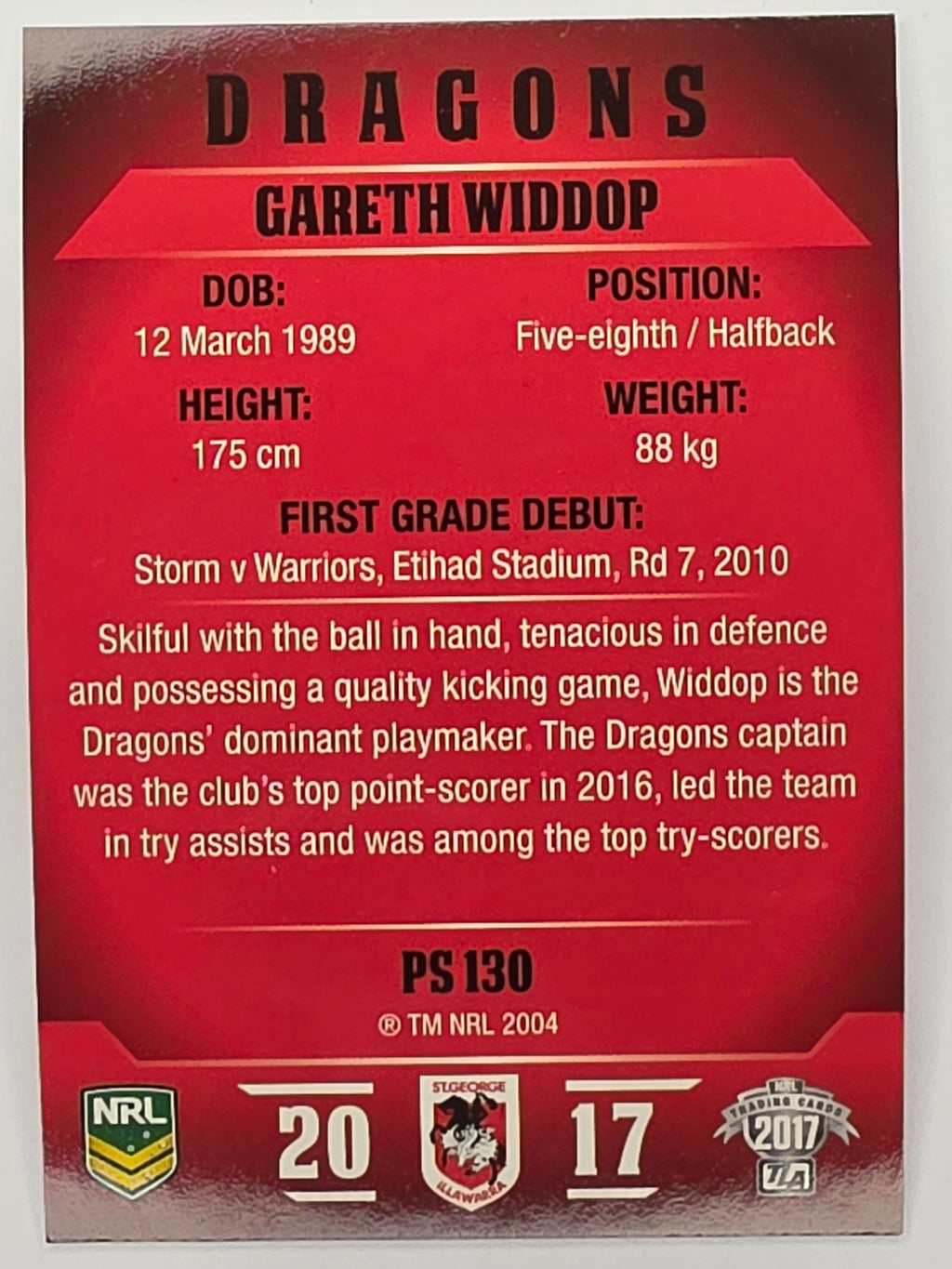 NRL 2017 Traders | Pearl Special #130 | Gareth Widdop | St. George Illawarra Dragons