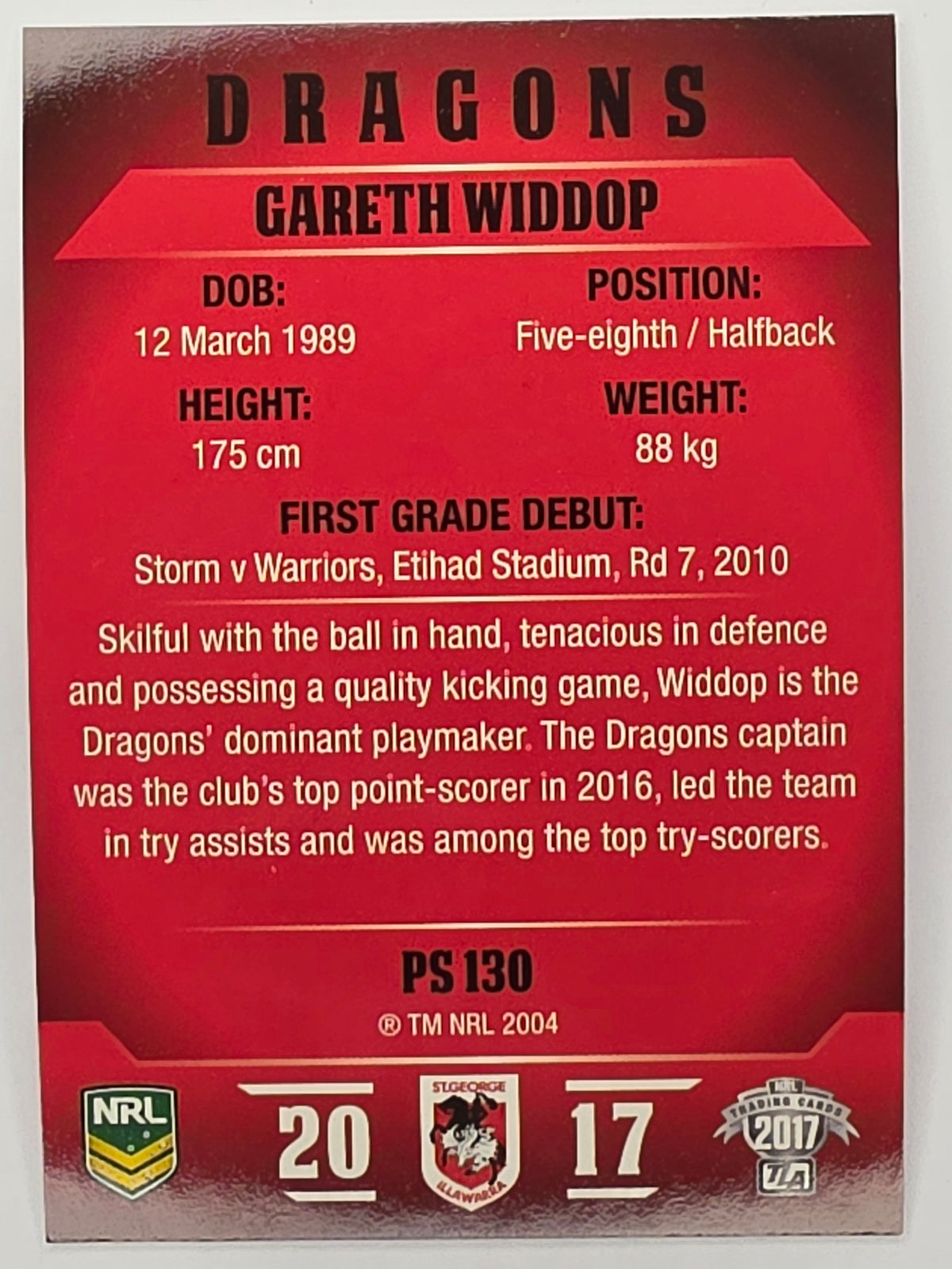 NRL 2017 Traders | Pearl Special #130 | Gareth Widdop | St. George Illawarra Dragons