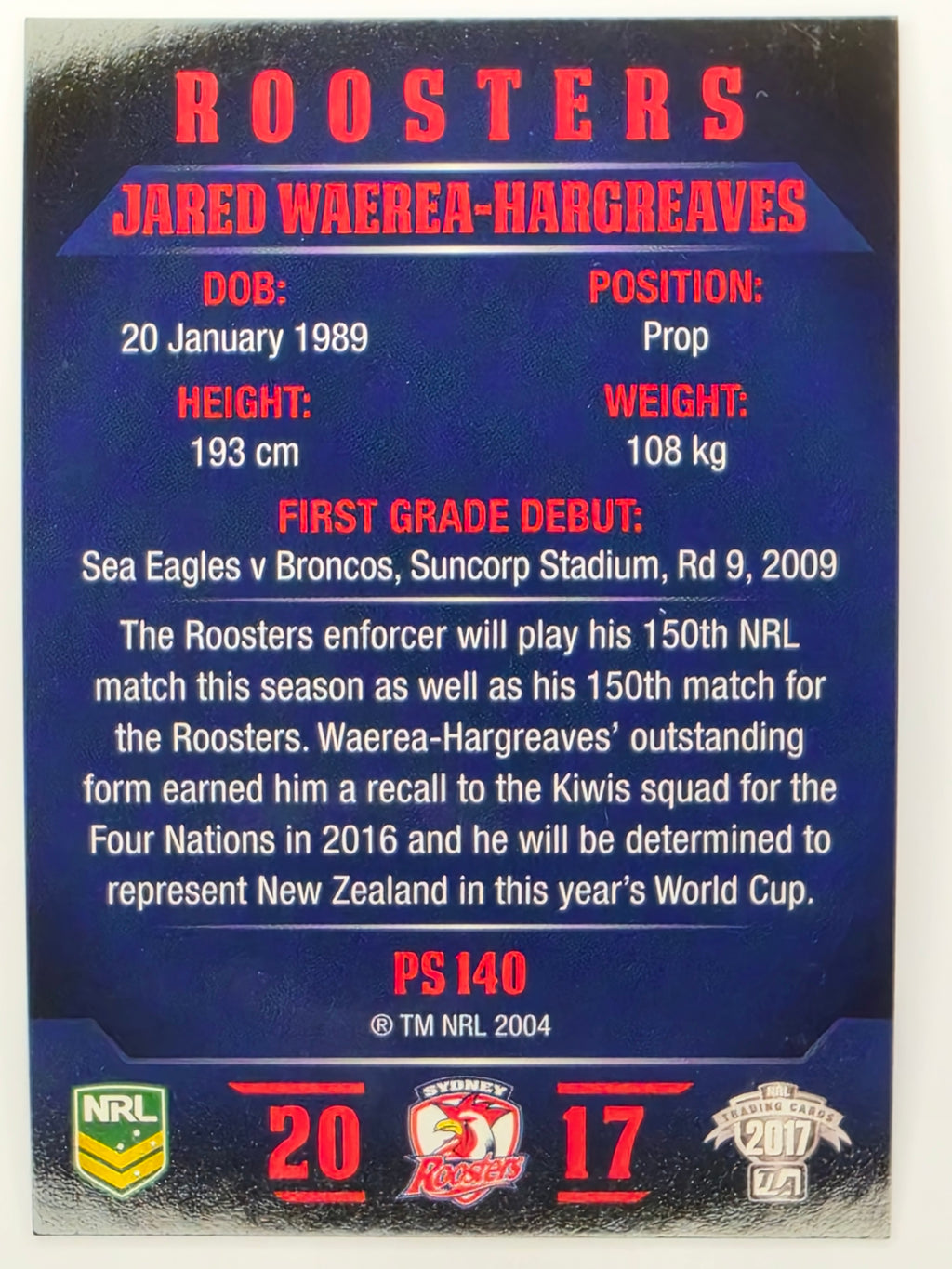 NRL 2017 Traders | Pearl Special #140 | Jared Waerea-Hargreaves | Sydney Roosters