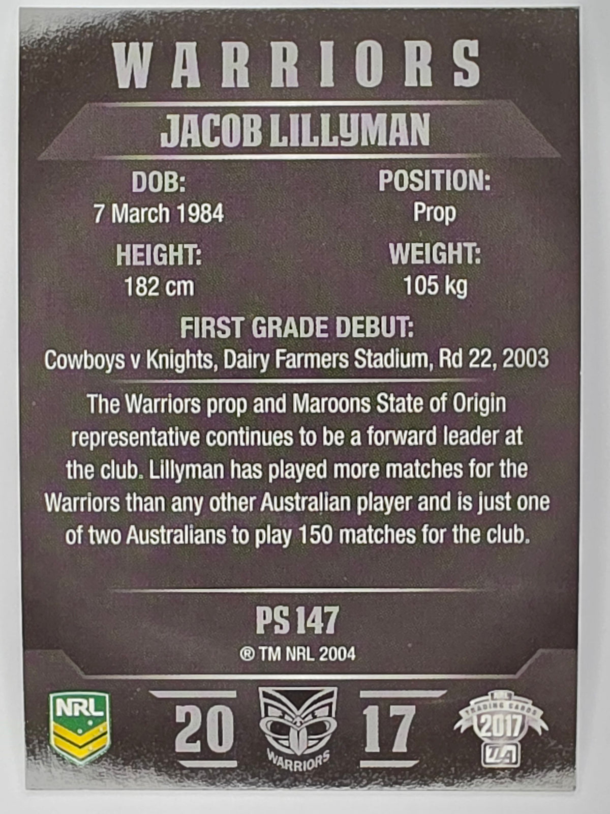 NRL 2017 Traders | Pearl Special #147 | Jacob Lillyman | Warriors