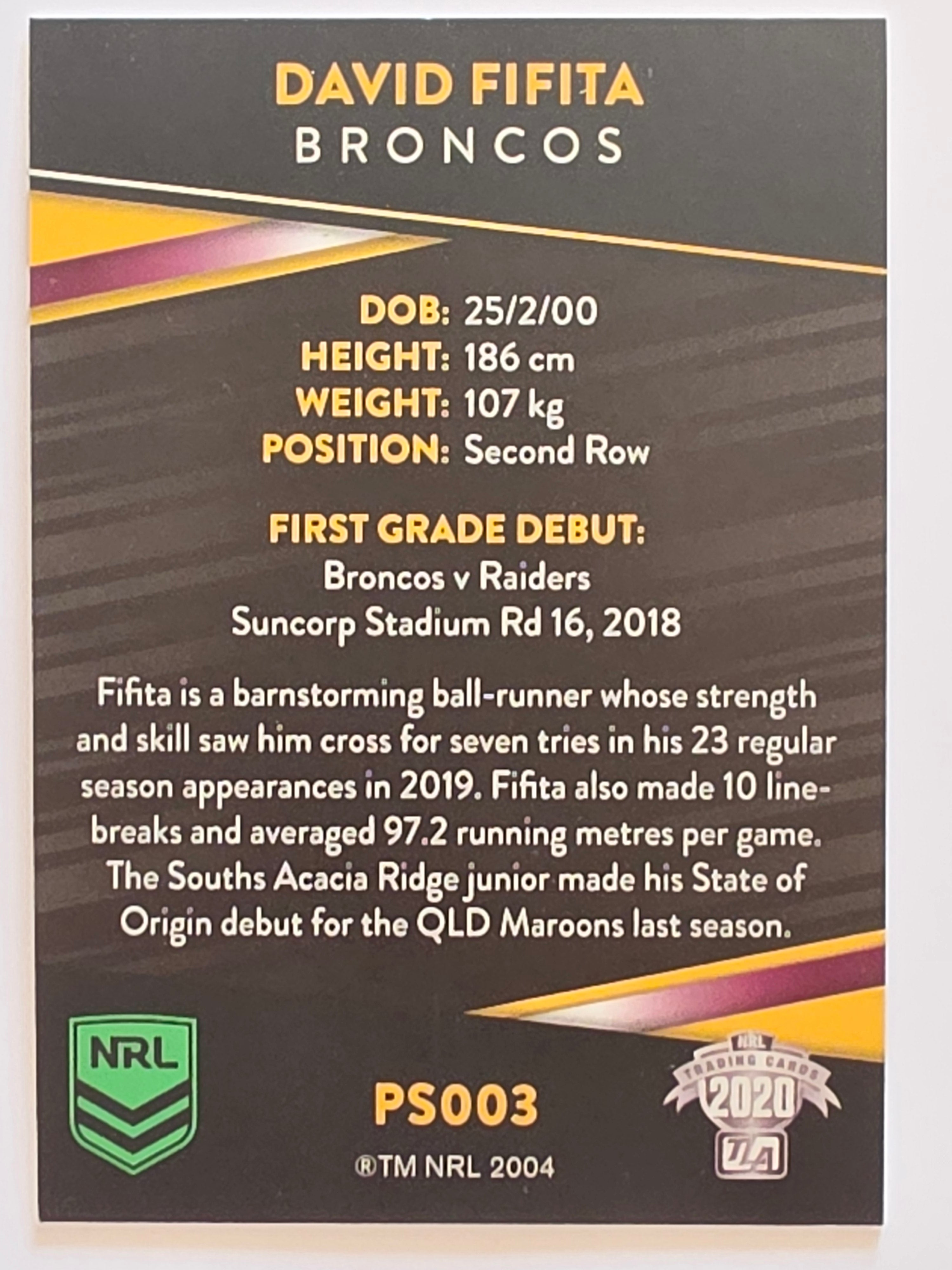 NRL 2020 Traders Platinum Parallel #PS003 David Fifita Brisbane Broncos