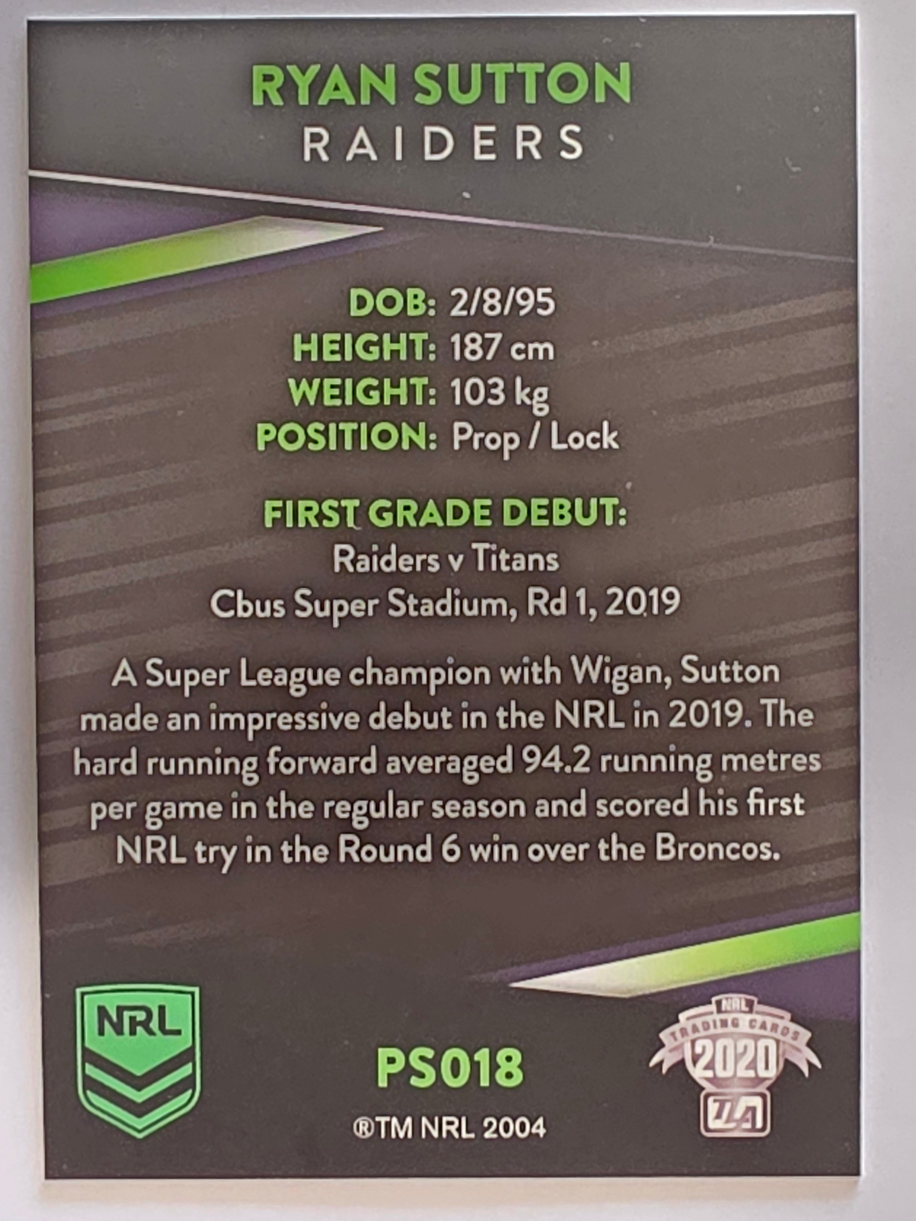NRL 2020 Traders Platinum Parallel #PS018 Ryan Sutton Canberra Raiders