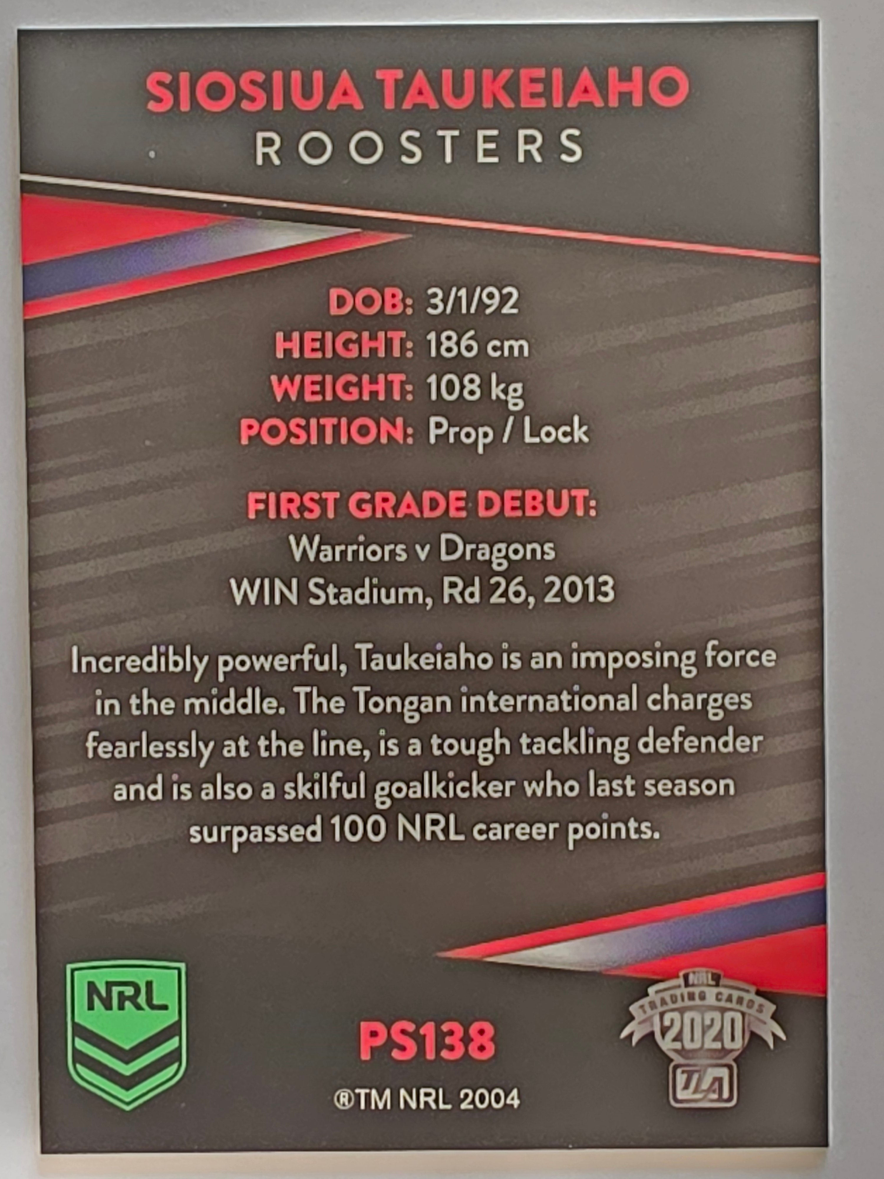 NRL 2020 Traders Platinum Parallel #PS138 Siosiua Taukeiaho Sydney Roosters