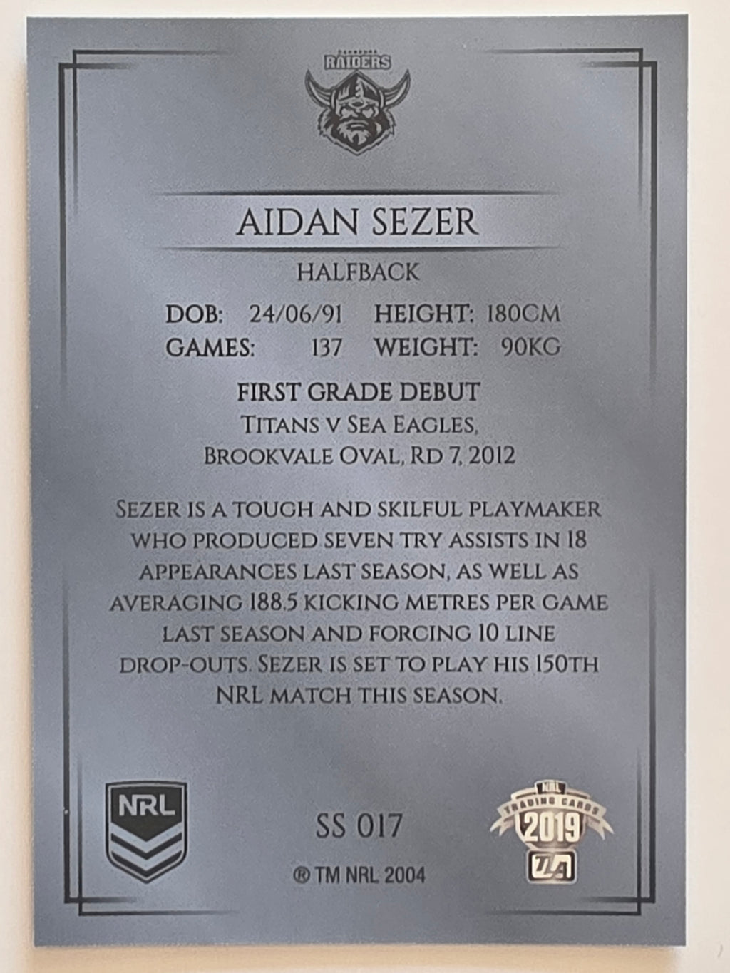 NRL 2019 Elite Silver Parallel #17 Aidan Sezer Canberra Raiders