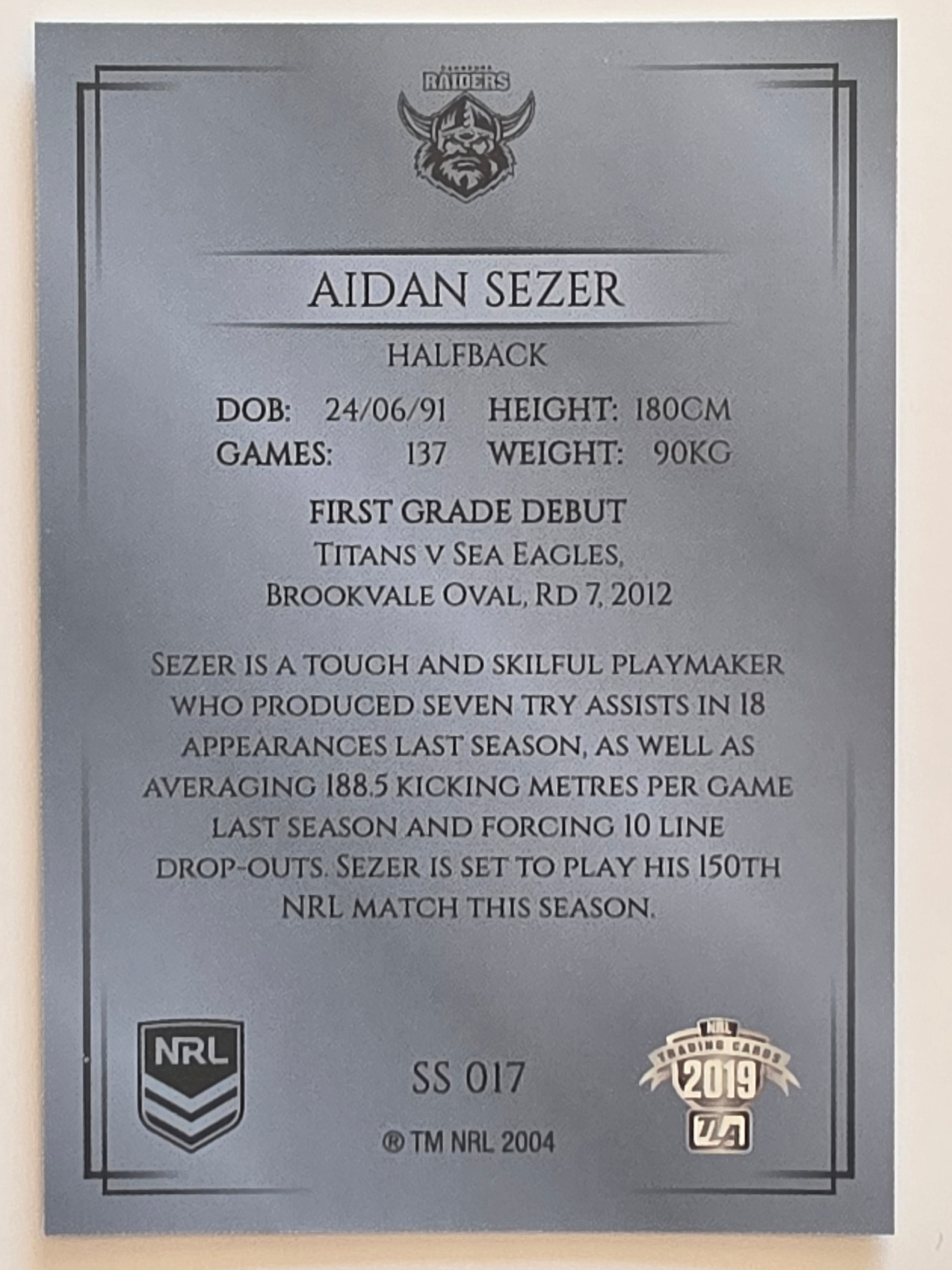 NRL 2019 Elite Silver Parallel #17 Aidan Sezer Canberra Raiders