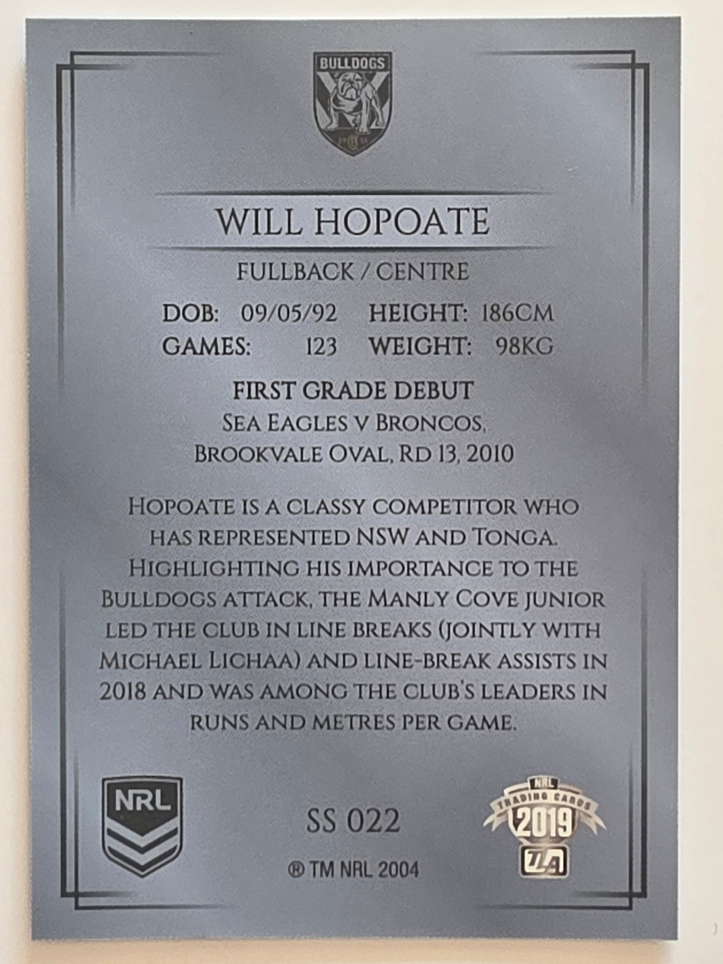 NRL 2019 Elite Silver Parallel #22 William Hopoate Canterbury Bankstown Bulldogs