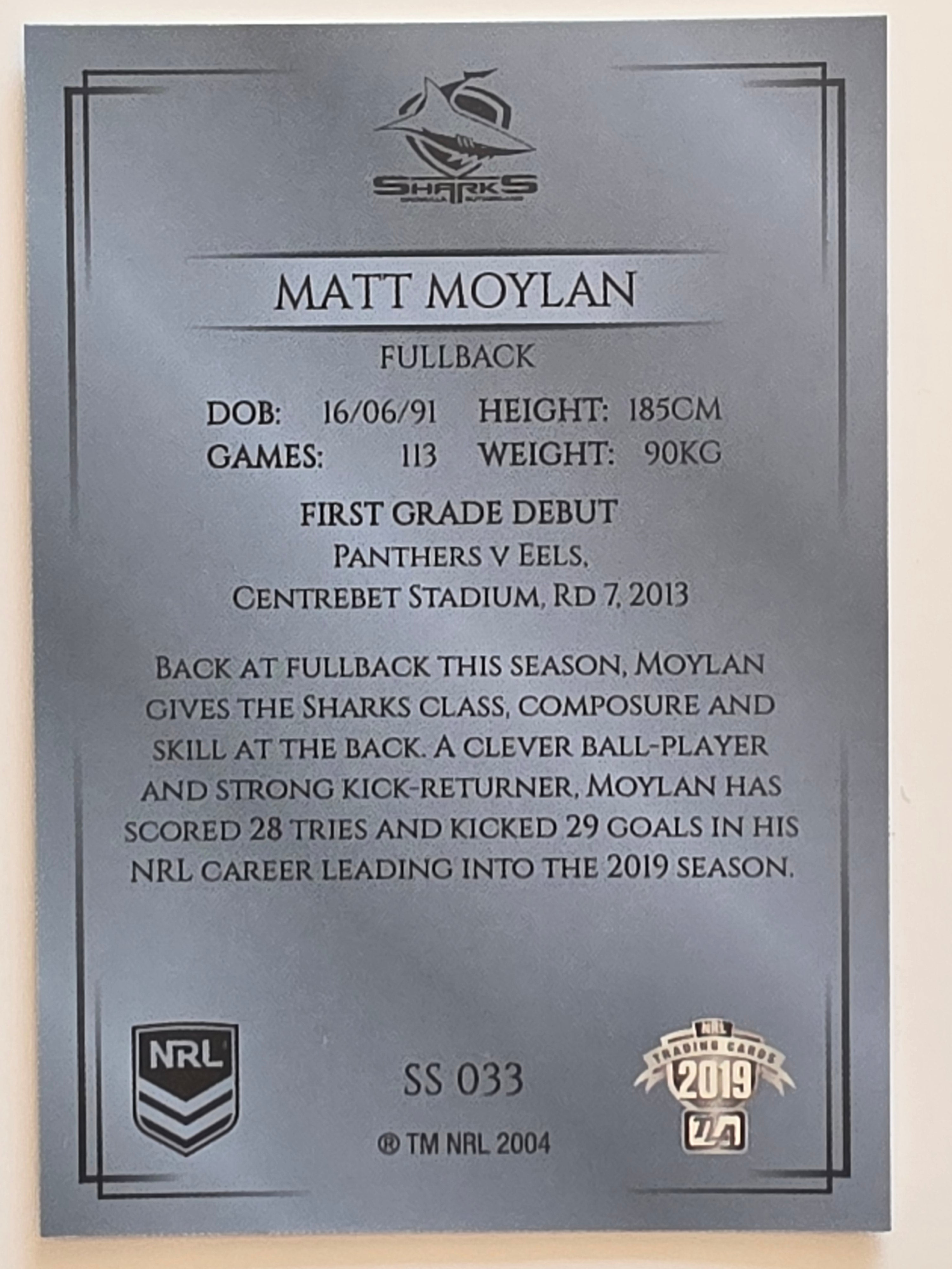 NRL 2019 Elite Silver Parallel #33 Matt Moylan Cronulla Sutherland Sharks
