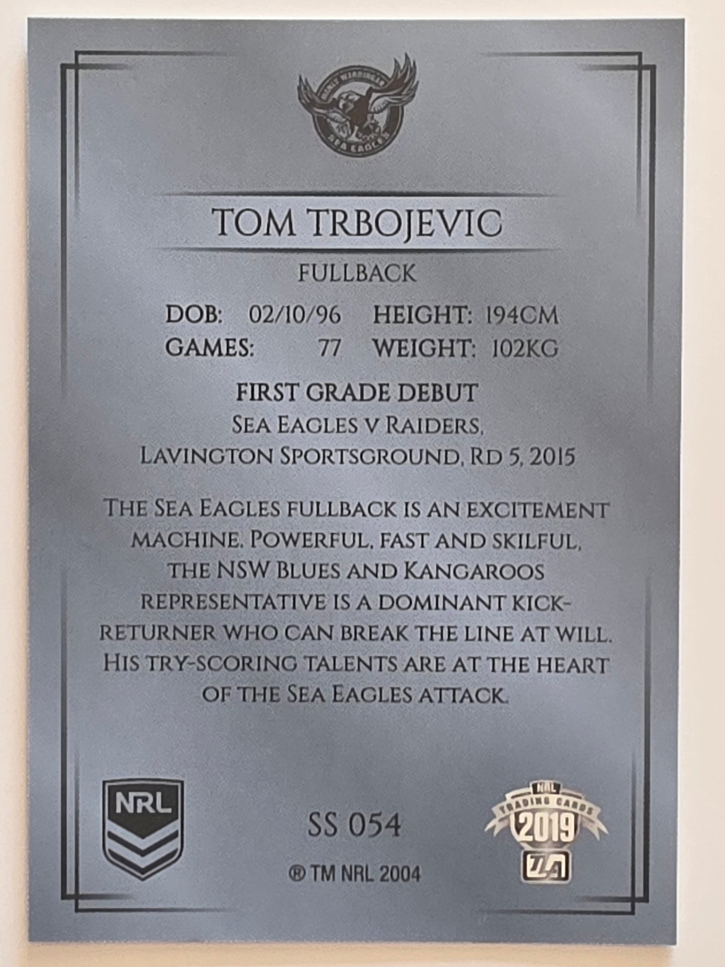 NRL 2019 Elite Silver Parallel #54 Tom Trbojevic Manly Warringah Sea Eagles