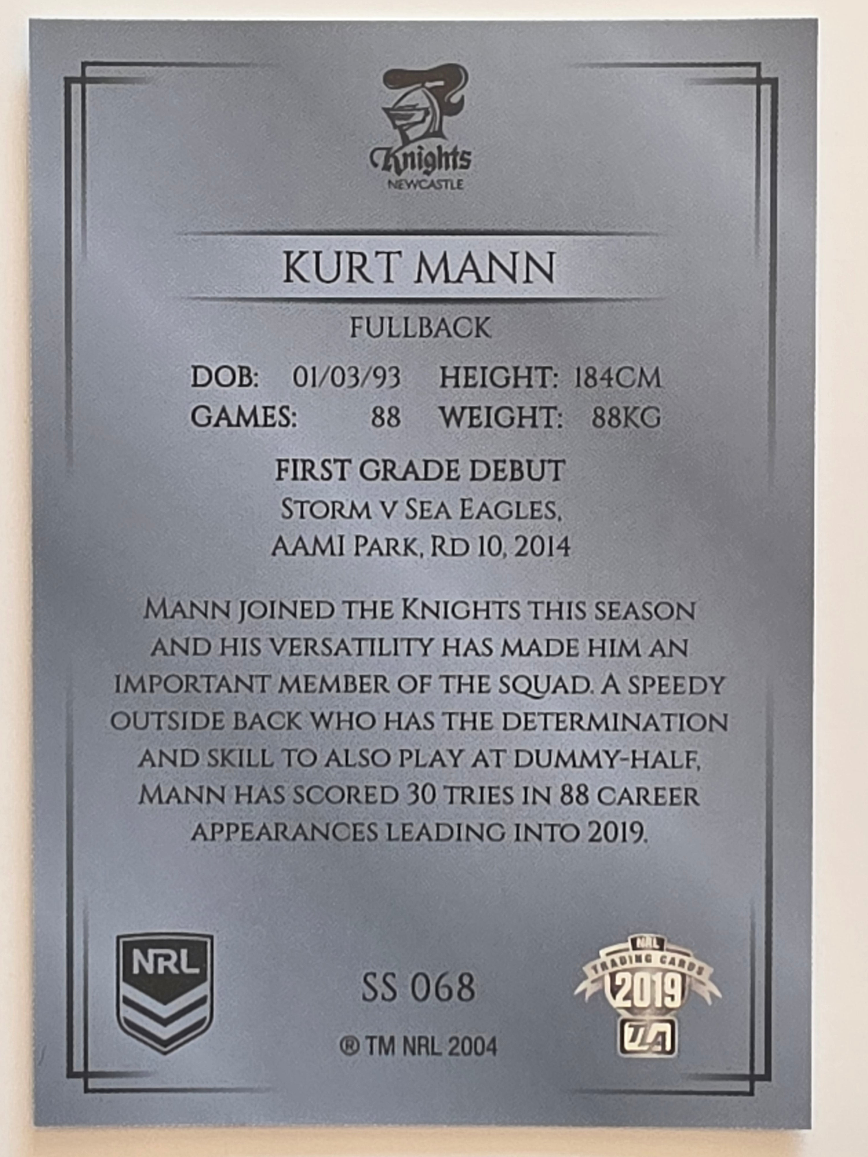 NRL 2019 Elite Silver Parallel #68 Kurt Mann Newcastle Knights