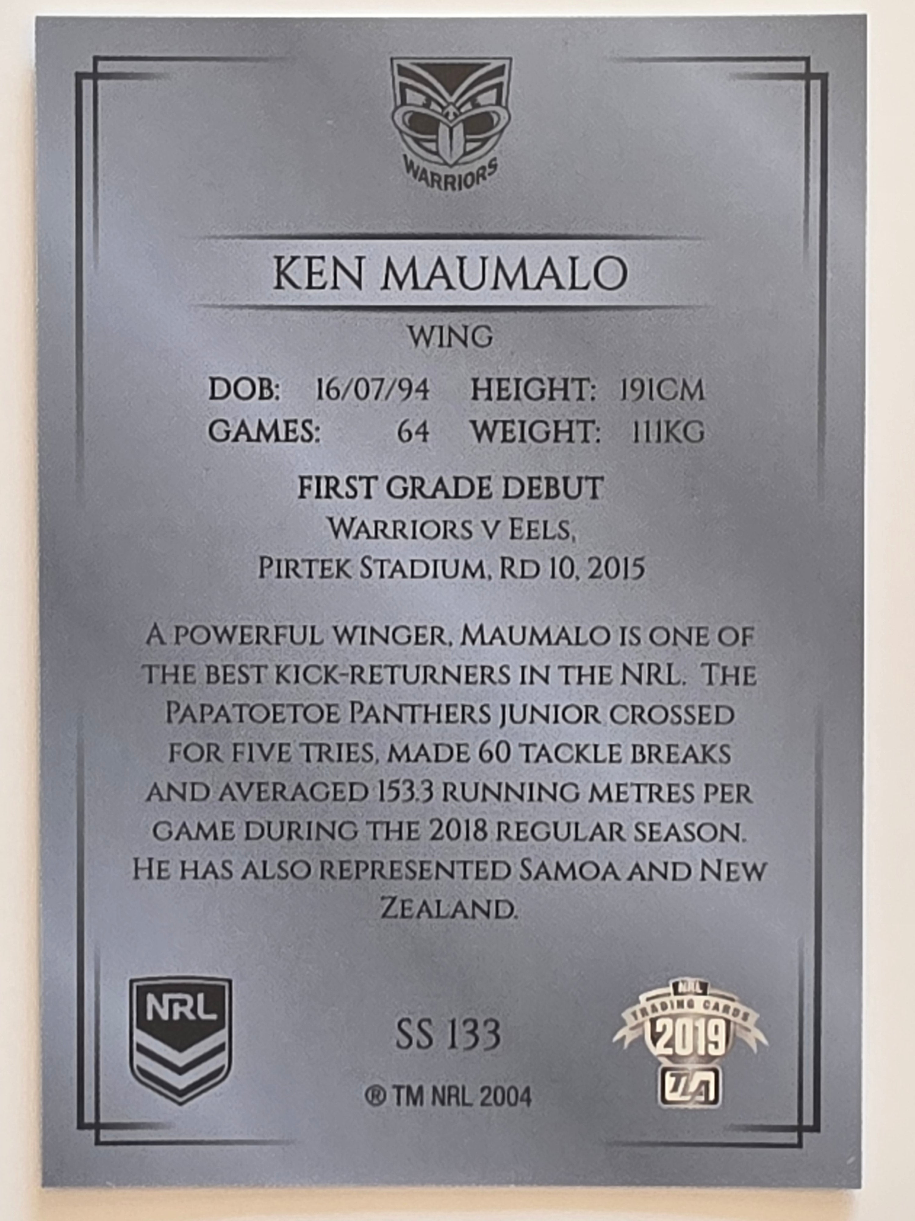 NRL 2019 Elite Silver Parallel #133 Ken Maumalo New Zealand Warriors