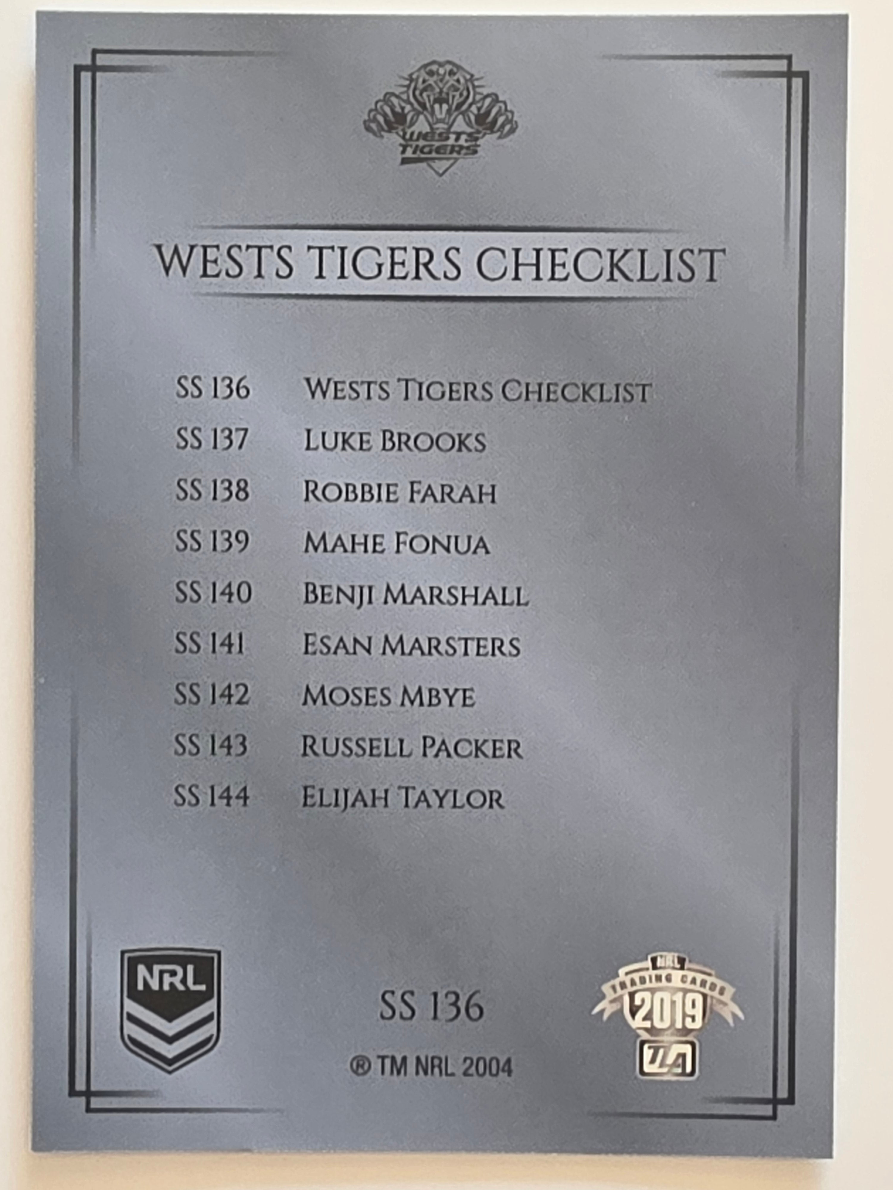 NRL 2019 Elite Silver Parallel #136 Checklist Wests Tigers
