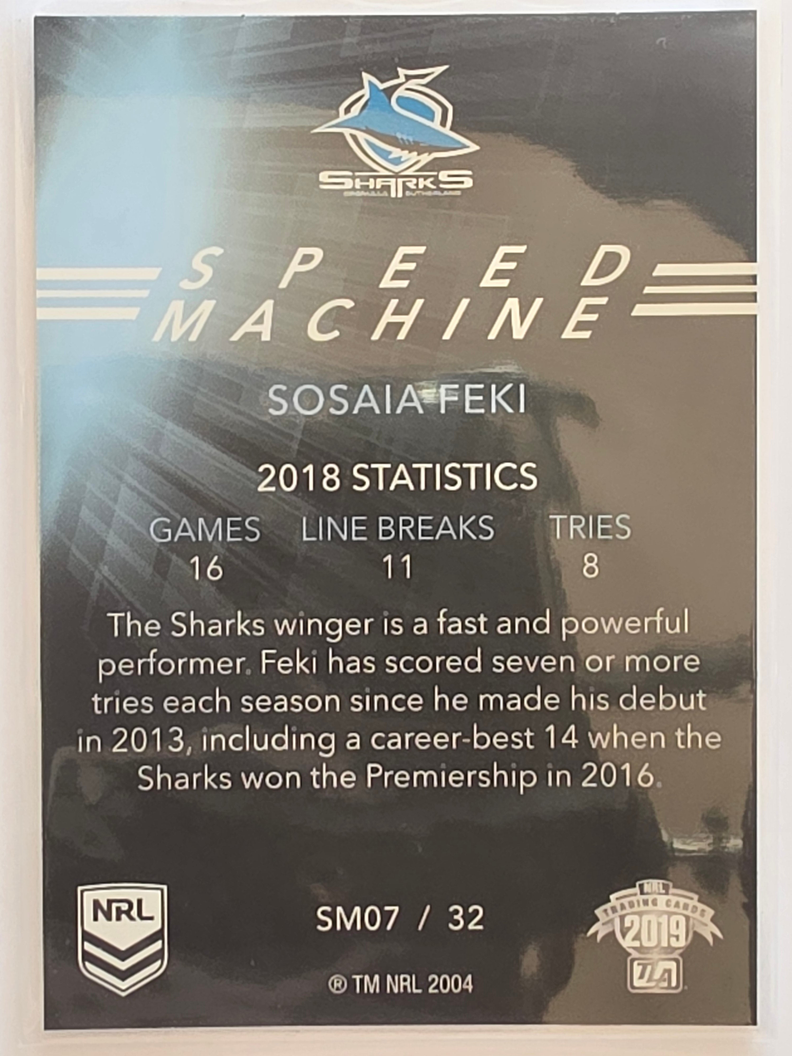 NRL 2019 Elite Speed Machine #SM07 Sosaia Feki Cronulla Sharks