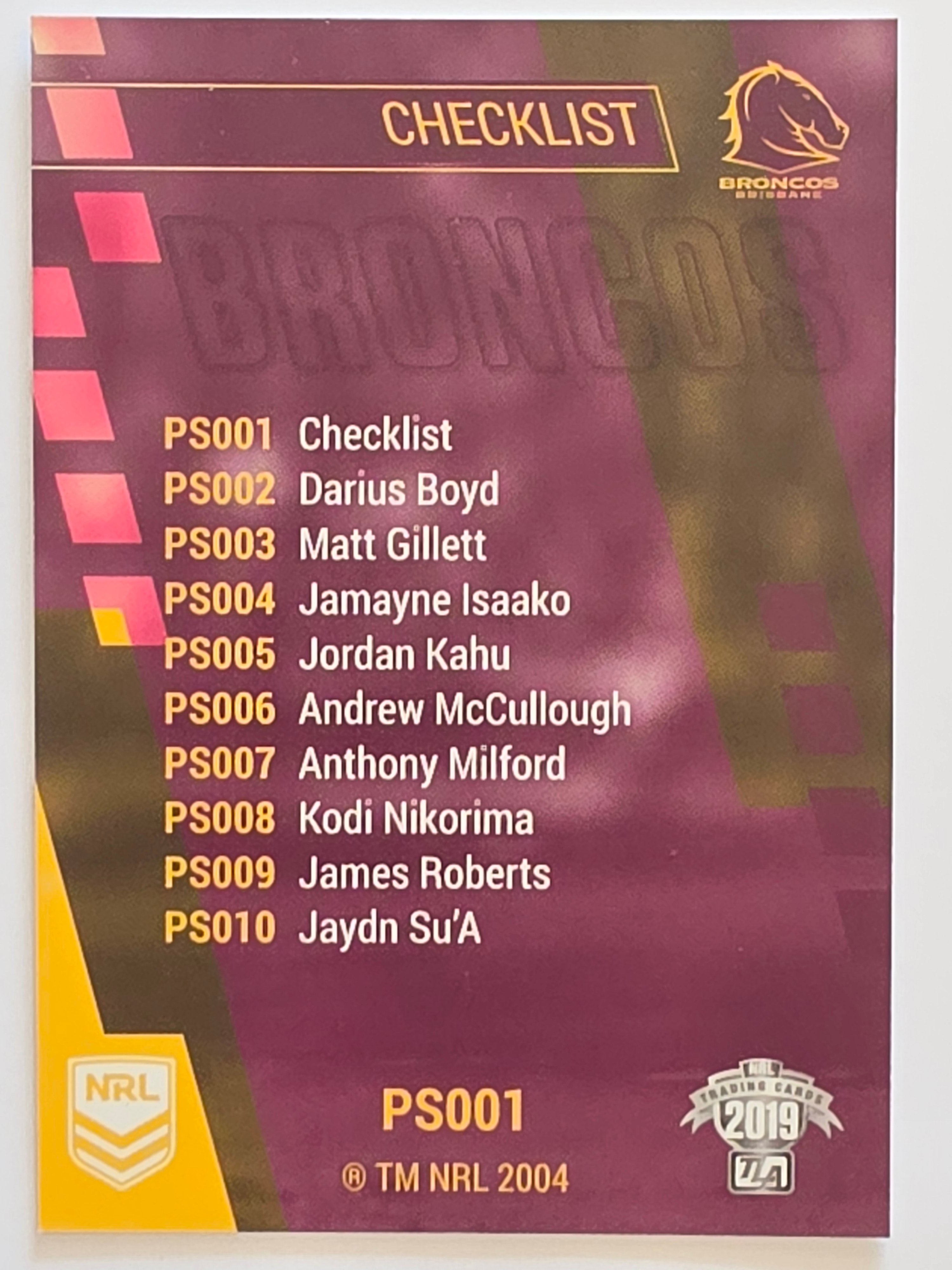 NRL 2019 Traders Silver Parallel #PS001 Brisbane Broncos Checklist