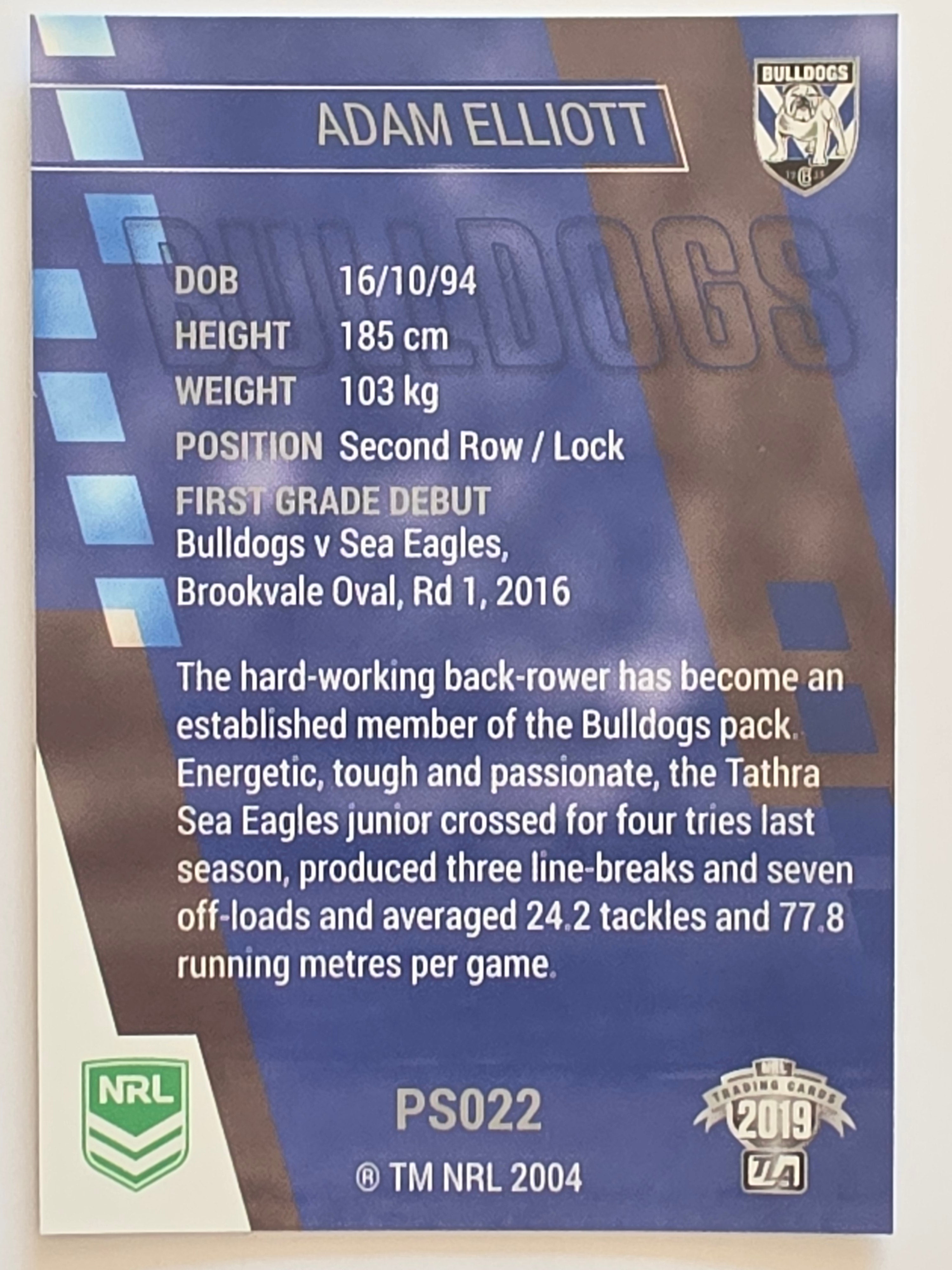 NRL 2019 Traders Silver Parallel #PS022 Adam Elliott Canterbury Bankstown Bulldogs