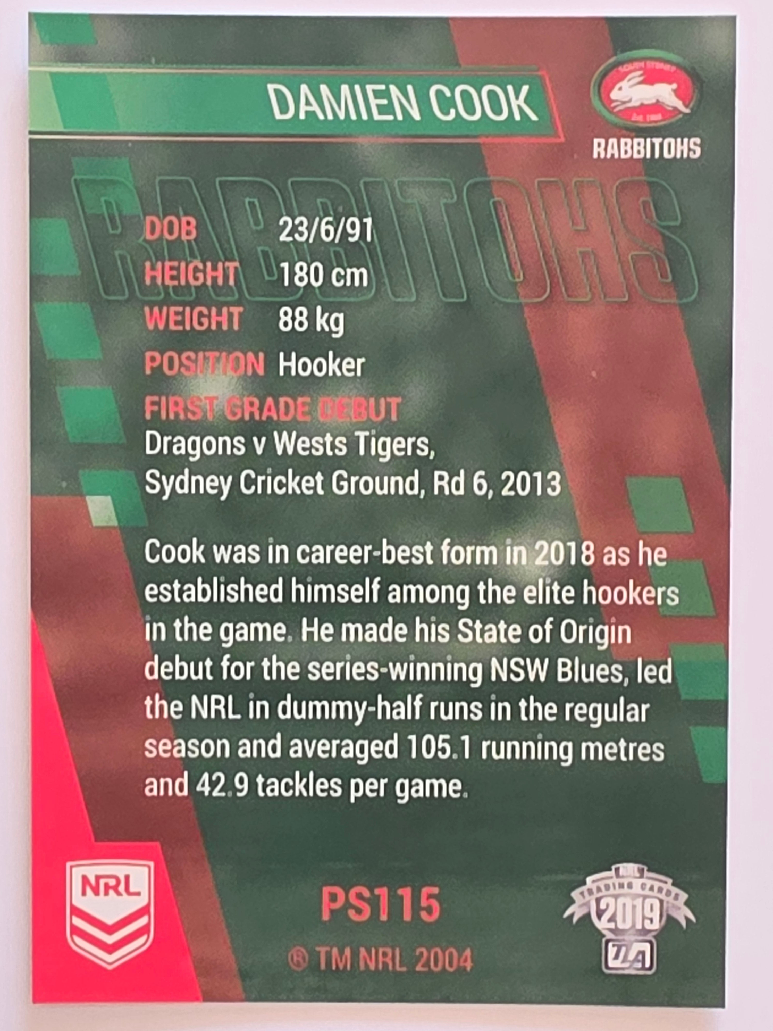 NRL 2019 Traders Silver Parallel #PS115 Damien Cook South Sydney Rabbitohs