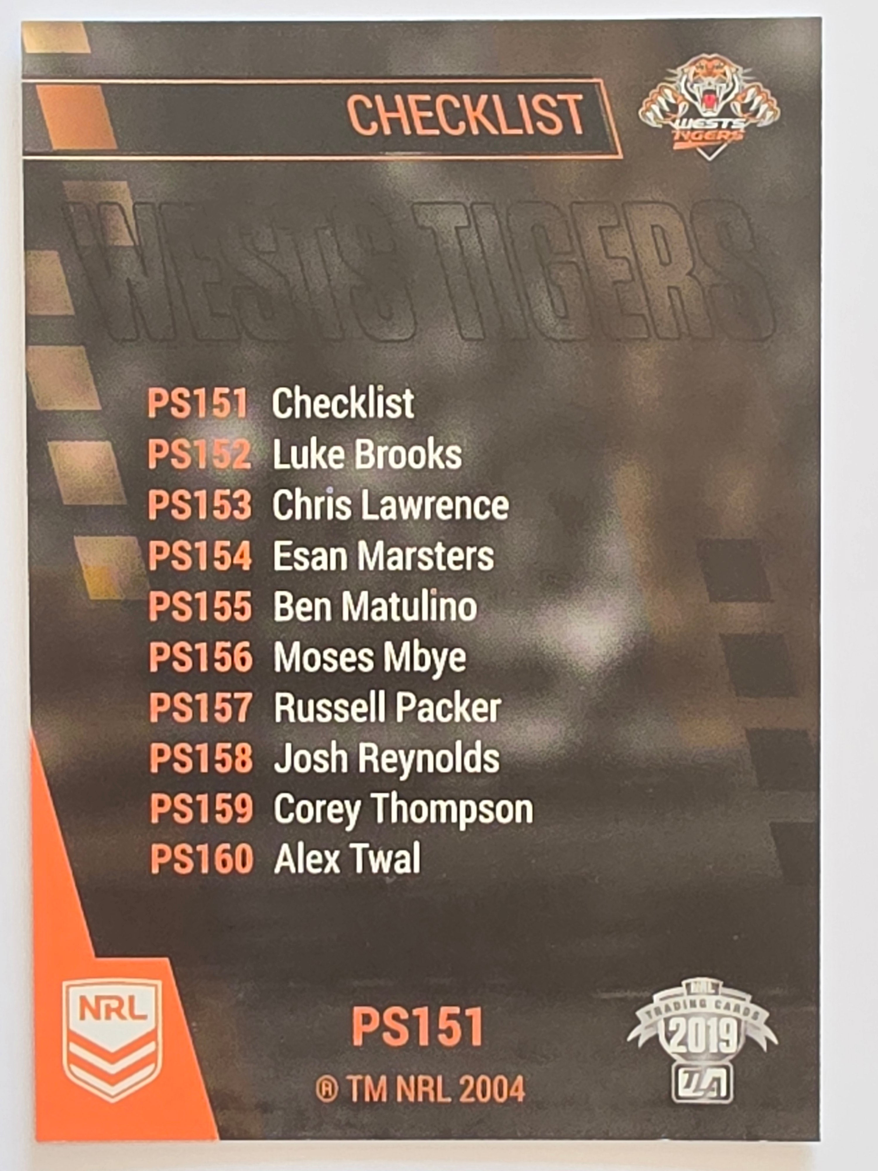 NRL 2019 Traders Silver Parallel #PS151 Wests Tigers Checklist