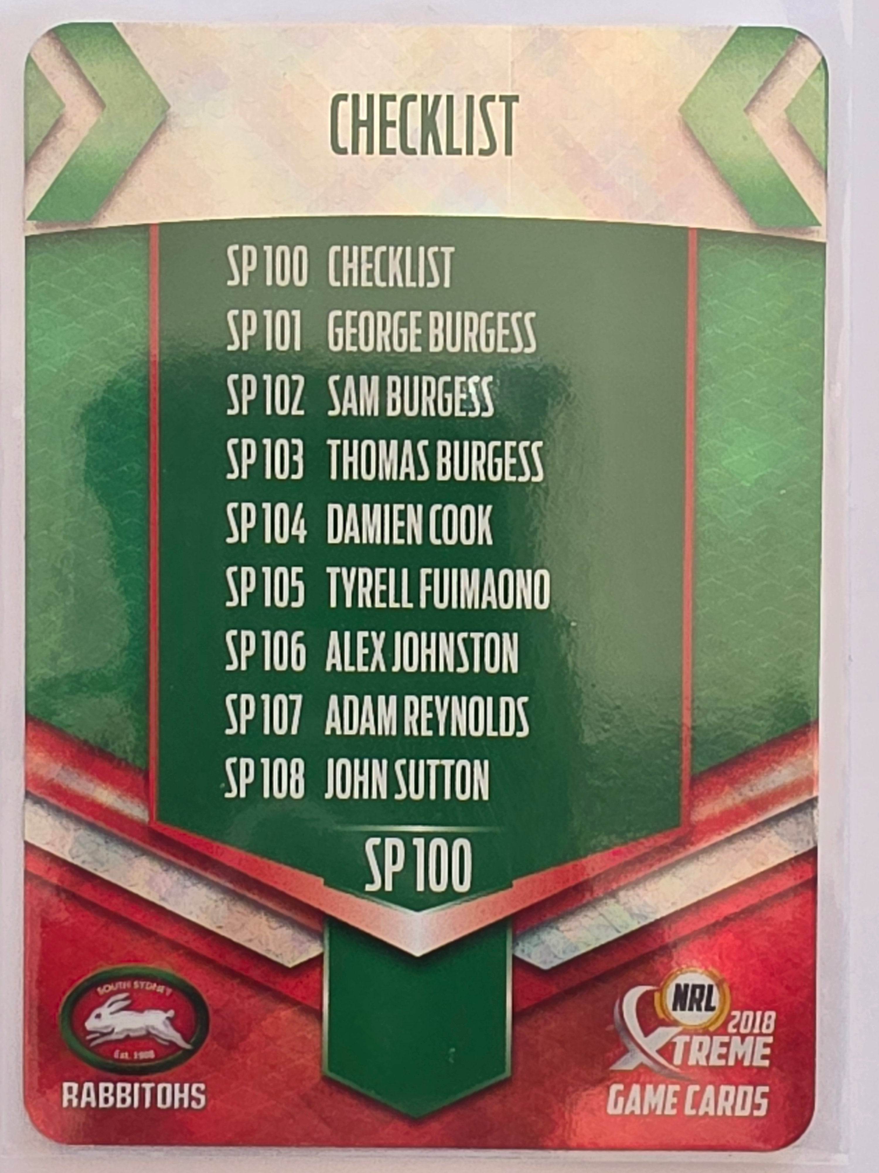 NRL 2018 Xtreme Silver Parallel #SP100 South Sydney Rabbitohs Checklist