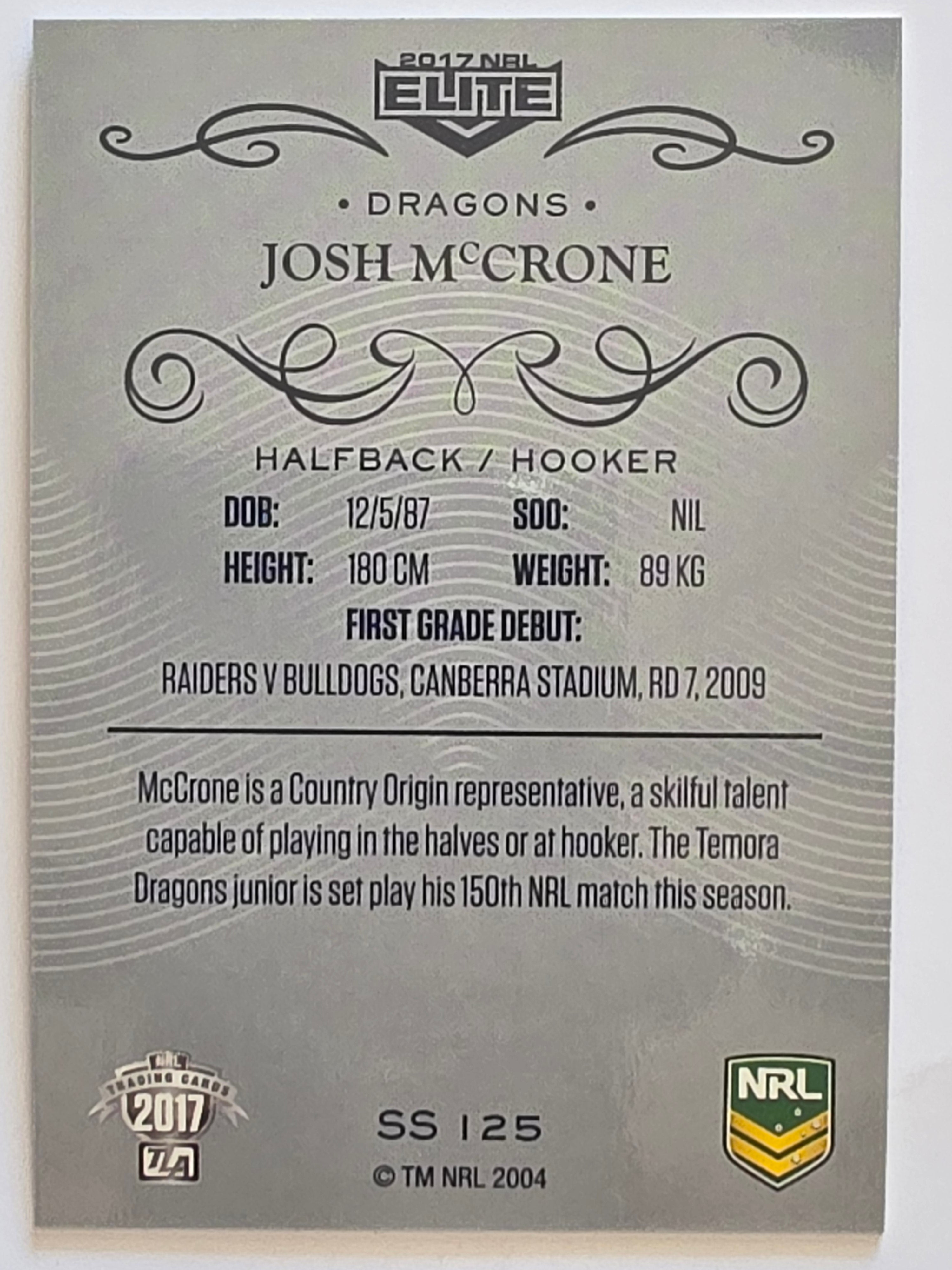NRL 2017 Elite | Silver Special #SS125 Josh McCrone St George Dragons