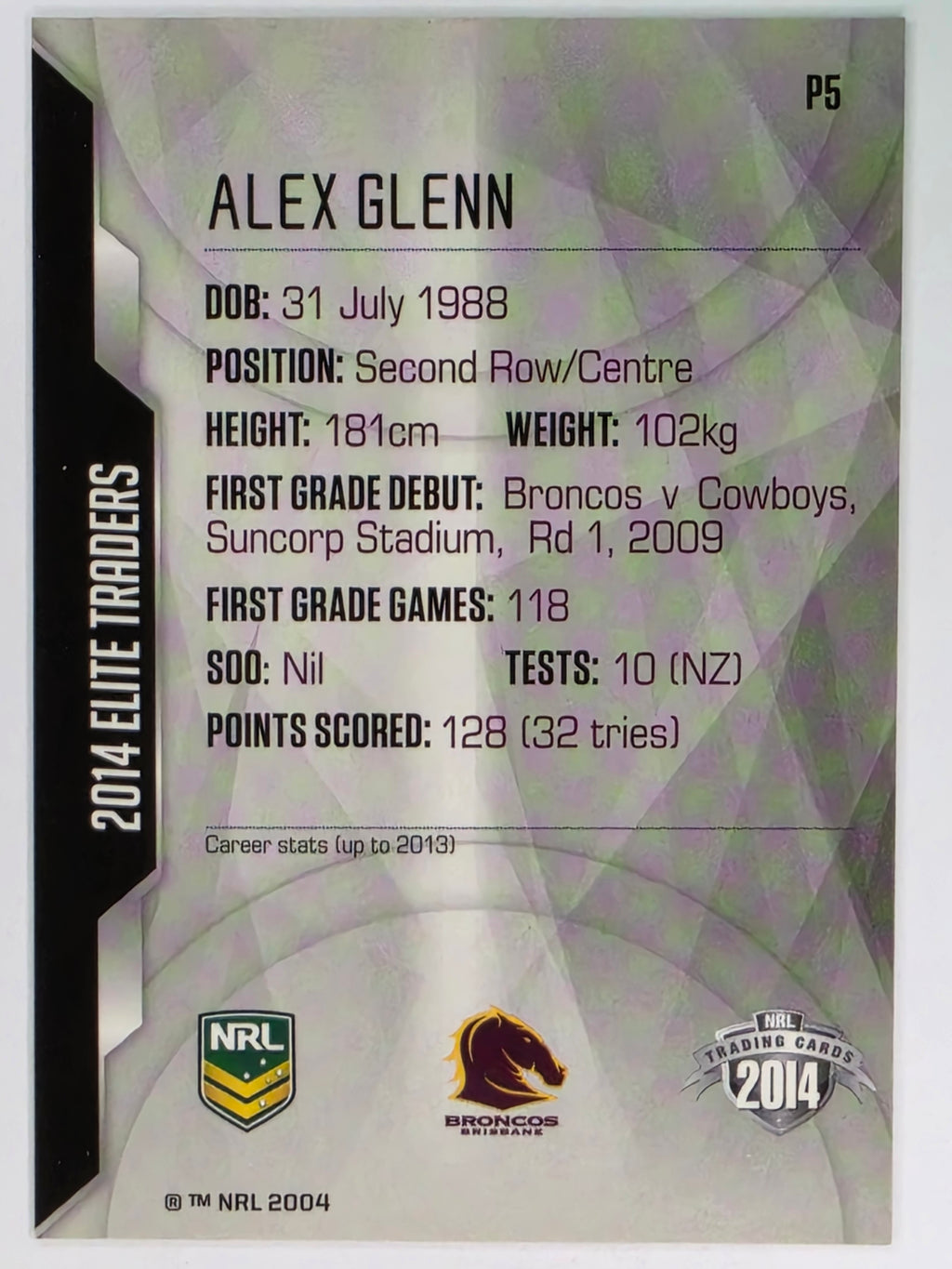 NRL 2014 Elite | Silver Parallel #P5 | Alex Glenn | Brisbane Broncos