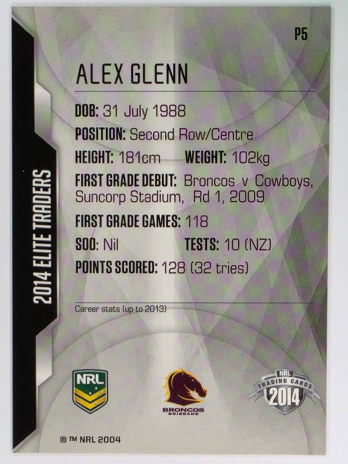 NRL 2014 Elite | Silver Parallel #P5 | Alex Glenn | Brisbane Broncos