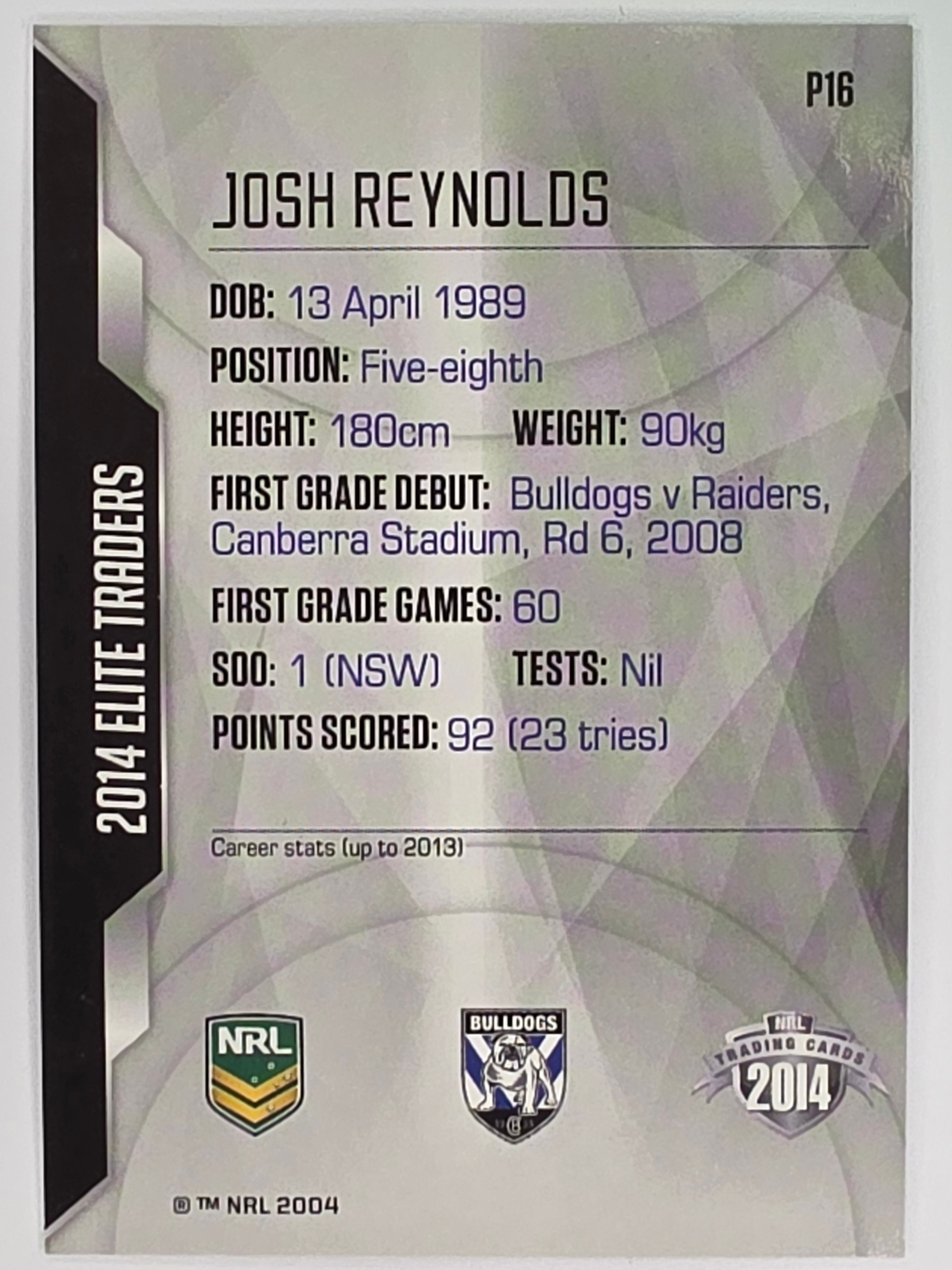 NRL 2014 Elite | Silver Parallel #P16 | Josh Reynolds | Canterbury Bankstown Bulldogs
