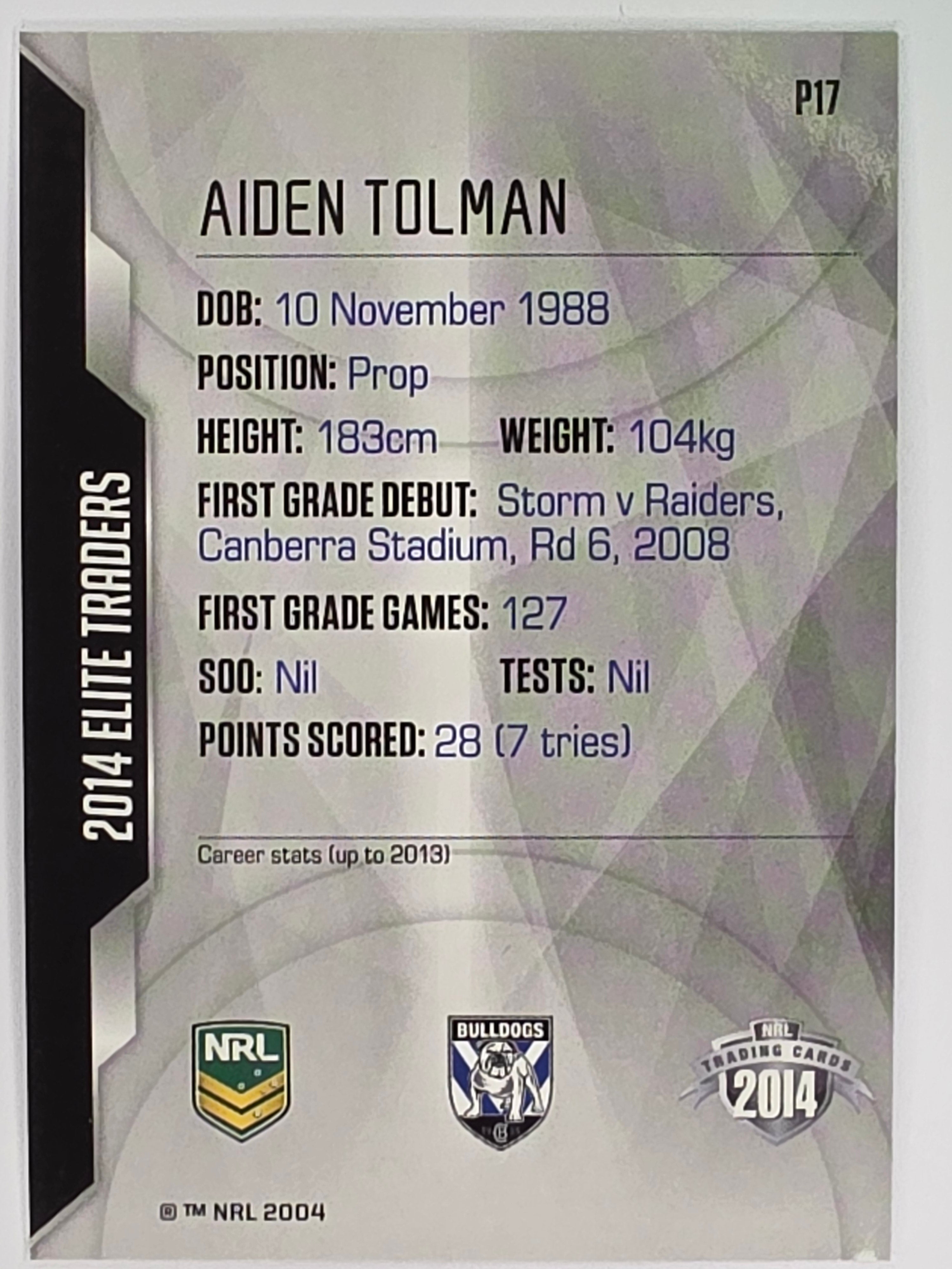 NRL 2014 Elite | Silver Parallel #P17 | Aiden Tolman | Canterbury Bankstown Bulldogs